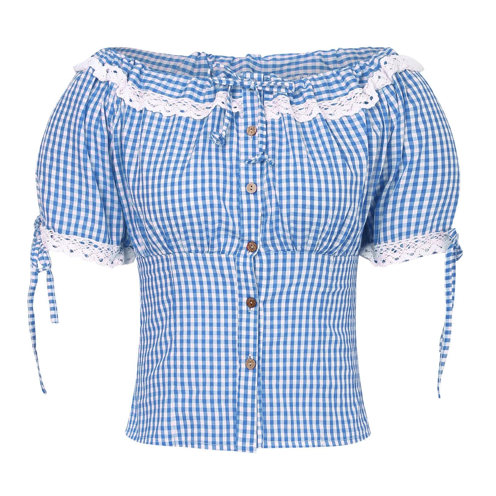 Trachtenbluse Damen Rot/Weiss Kariert - Tailliert Mit Herzknöpfen Für Oktoberfest