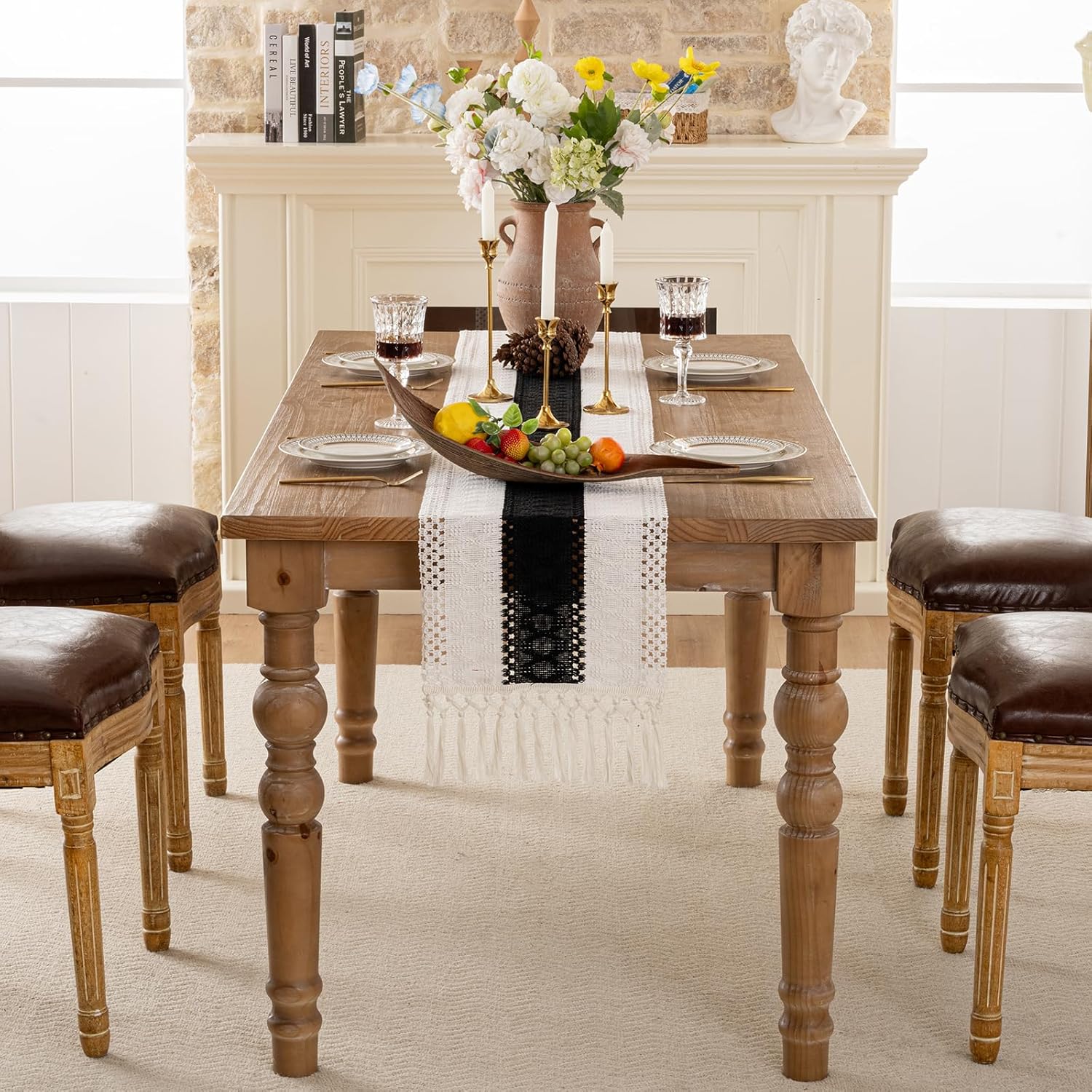 Modern Black Beige Winter Country Style Table Runner Table with Tassels Handmade Rustic Style Tassel Washable Table Runner for Dining Room Festive Kitchen 30 x 140 cm