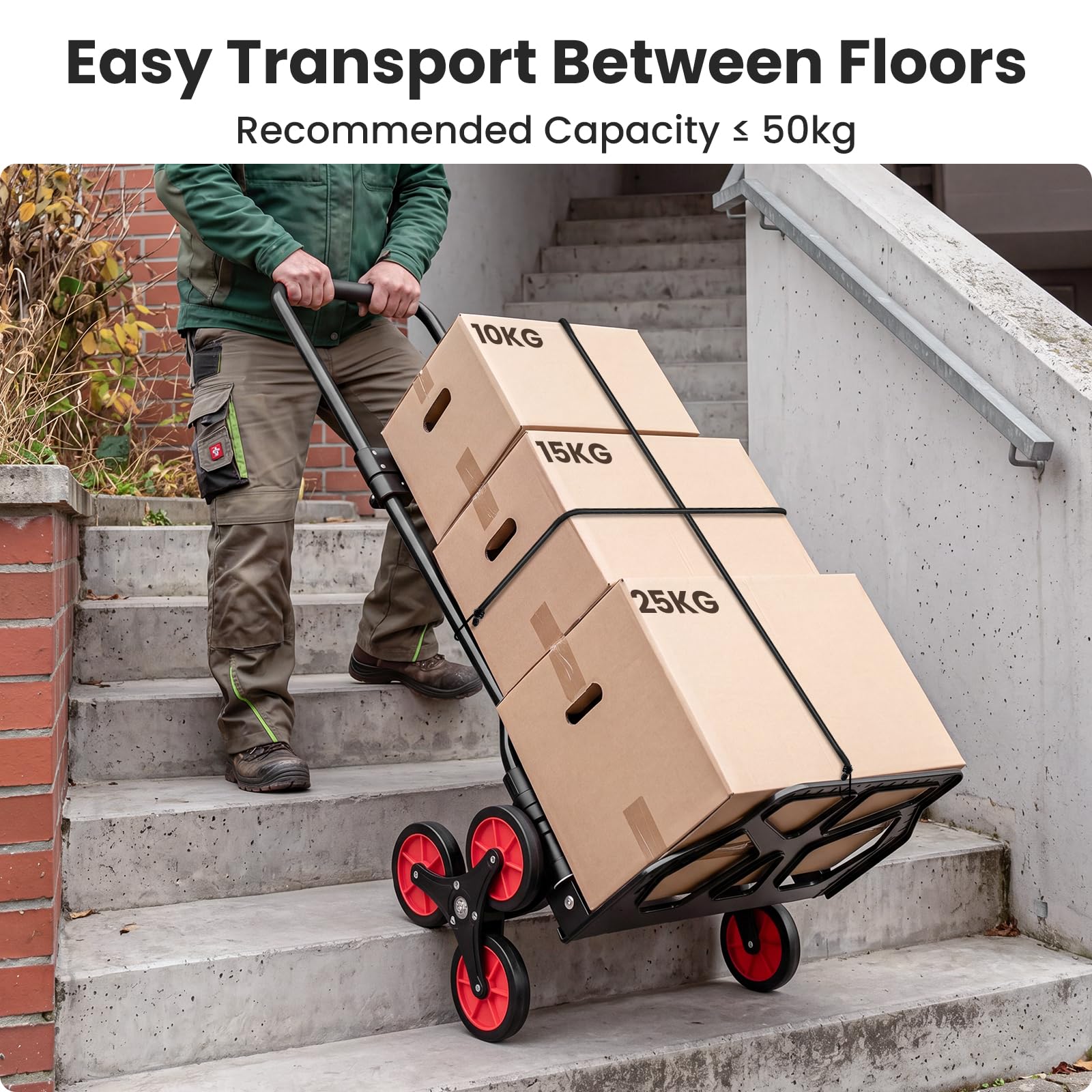 YEAUPE PRO Faltbare Treppensackkarre Höhenverstellbar 50 kg Schwarz | TPR-Rollen, 2 elastische Spanngurte und verstellbarer Griff für Treppen, Umzug, Garten und Transport von Gegenständen