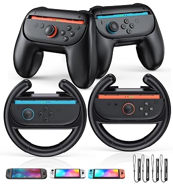 [متوافق مع Switch 1/2] مقابض يد ومقبض عجلة سباق مريح لوحدة التحكم Joy Cons، مجموعة ملحقات الحفلات الرياضية العائلية متوافقة مع Nintendo Switch 2/Switch 1 / OLED- 4 عبوات باللون الأسود
