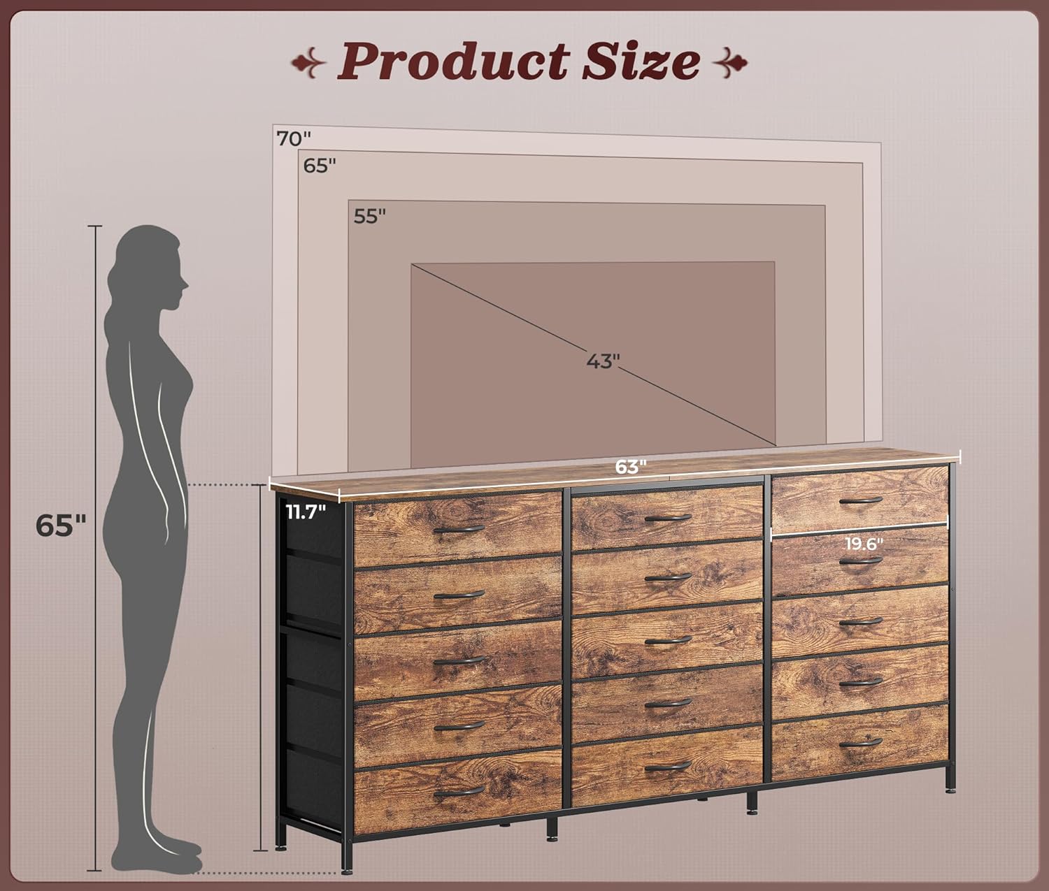 PRAISUN 63 Inch Long Dresser TV Stand for 65, 70 Inch TV, 15 Drawer Dresser for Closet, Bedroom, Large Fabric Drawers, Entryway Hallway Chest of Drawers, Wooden Top, Media Console, Rustic Brown