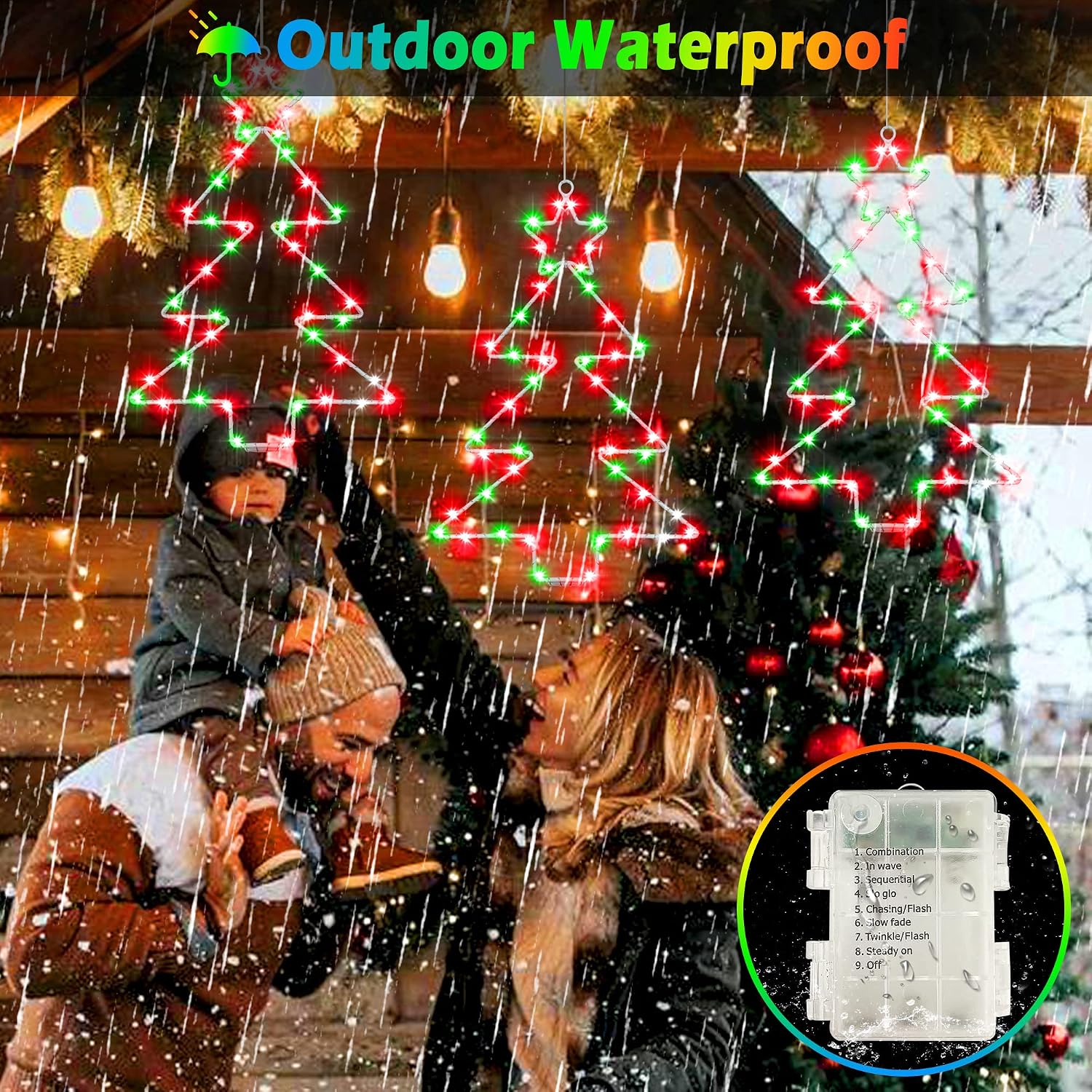 Christmas Window Lights 3 Pack Battery Operated LED Tree Light 8 Modes Timer Fairy Hanging Light, Outdoor Waterproof Decor for Home Xmas Porch Holiday Party Indoor Fireplace Decoration (Red and Green)