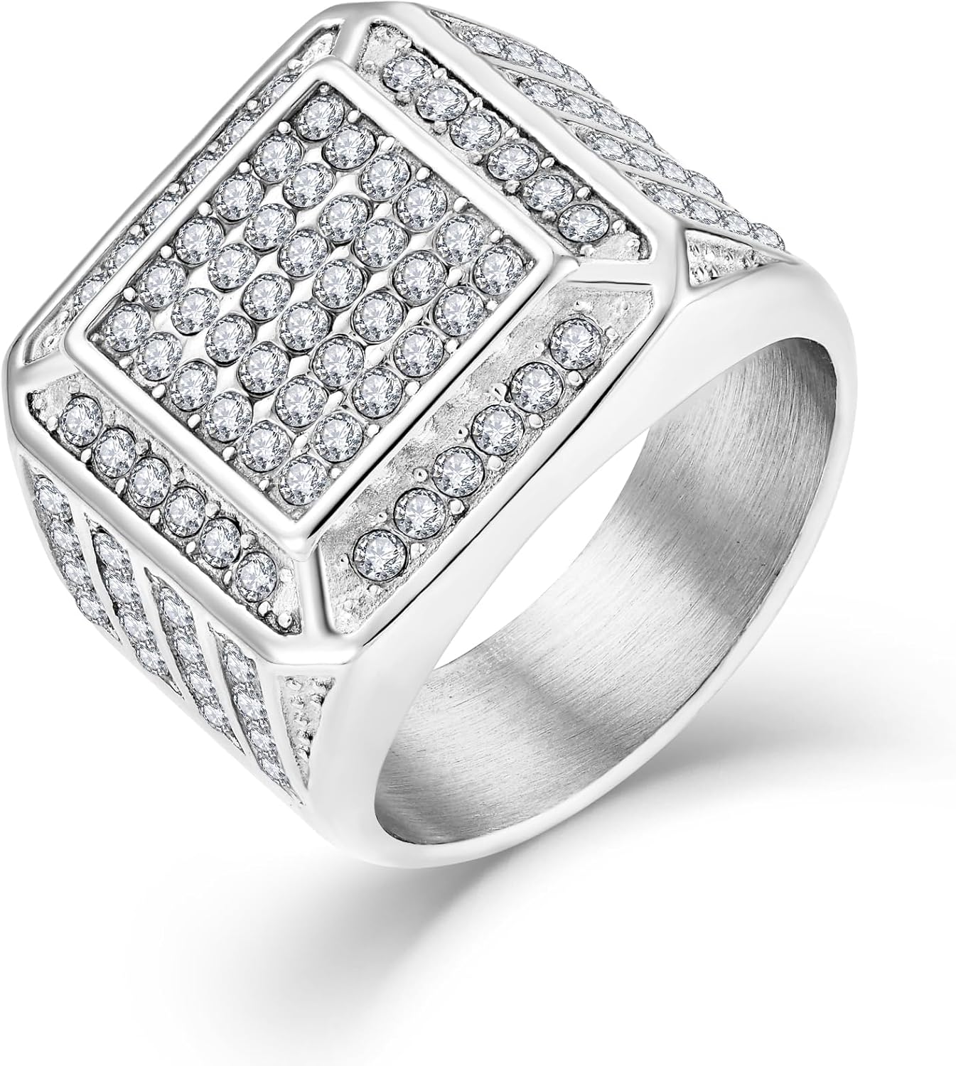 Men's Big Square Shape Ring Inlaid Cubic Zirconia stainless Steel Iced Out Classic Ring Wedding Promise Band Jewelry Gift on Birthday/Father's Day/Valentine/Christmas/Wedding Size 8-12