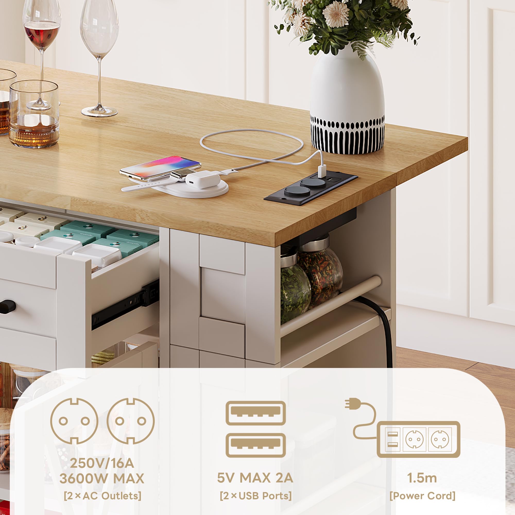 Îlot de Cuisine Moderne 120x40-60x92cm avec établi Pliable,Prise Secteur et Port USB,Buffet Cuisine avec tiroirs,Rangement Ouvert,Chariot de Salle à Manger,Buffet Salle a Manger,Blanc