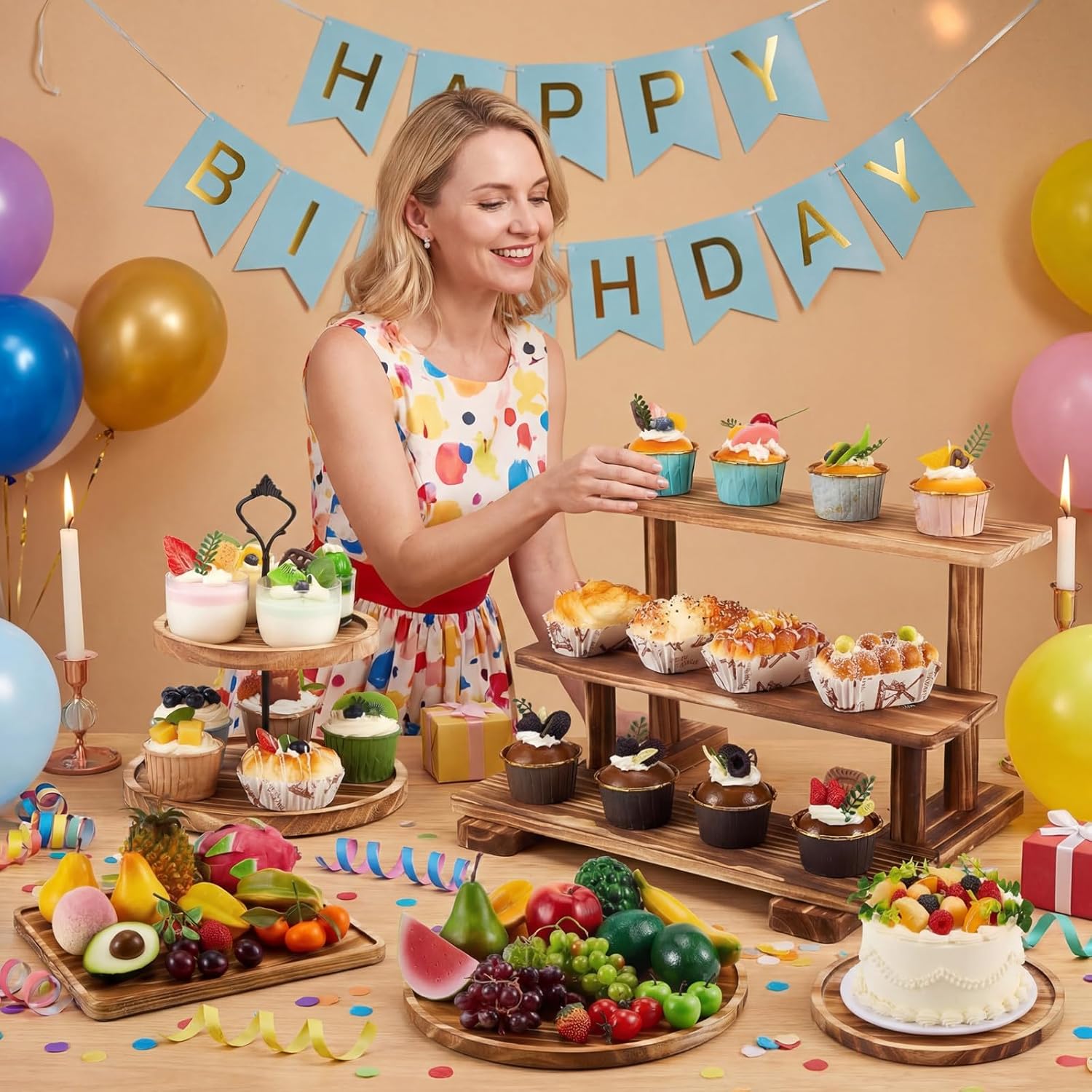 Roowest Set of 6 Rustic Wood Dessert Table Display Set - Cake Stands, Tiered Cupcake Tower & Serving Trays for Wedding, Baby Shower, Tea Party