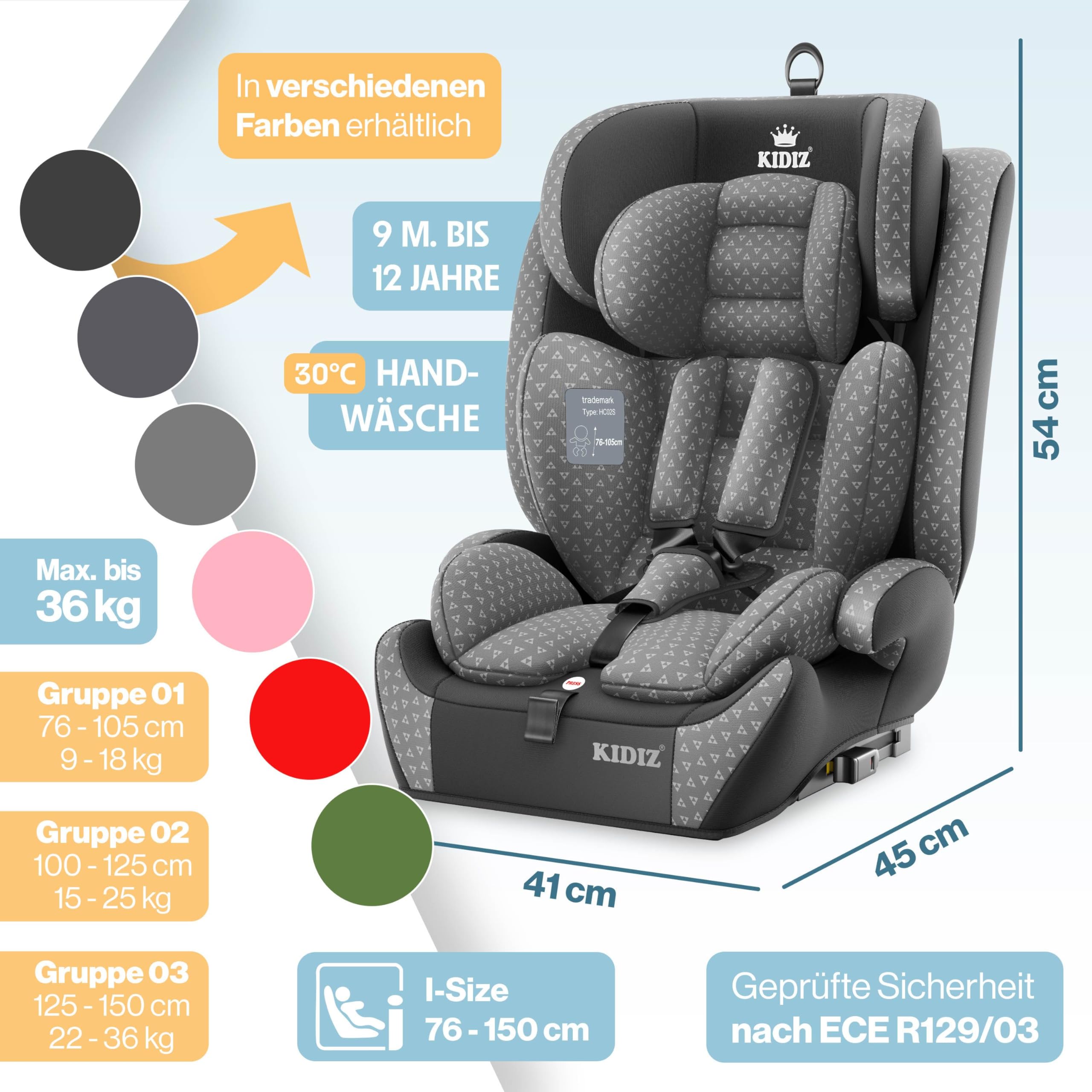 KIDIZ Autokindersitz mit Isofix i-Size R129 100-150cm Gruppe 1/2/3 5-Punkt-Gurt höhenverstellbare Kopfstütze Grau