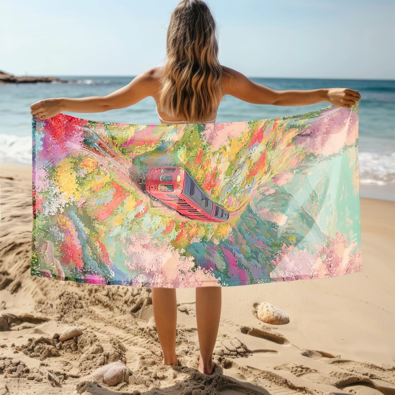 Tapis de Plage XXL Anti Sable Train, Fleurs Roses Serviette Piscine Adulte,Natte De Plage Pliable, Voyage Accessoires De Plage Camping,Serviette de Bain Personnalisée