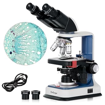 AmScope B120C-R 40X-2500X USB-C Rechargeable Battery-Powered Student Binocular Compound Microscope w/3D Two-Layer Mechanical Stage, Achromatic Objectives, LED Illuminator