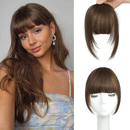 Flequillo con clip, extensiones de flequillo 100% cabello humano, extensiones de flequillo marrón con clip con bonita red, flequillo plano natural y