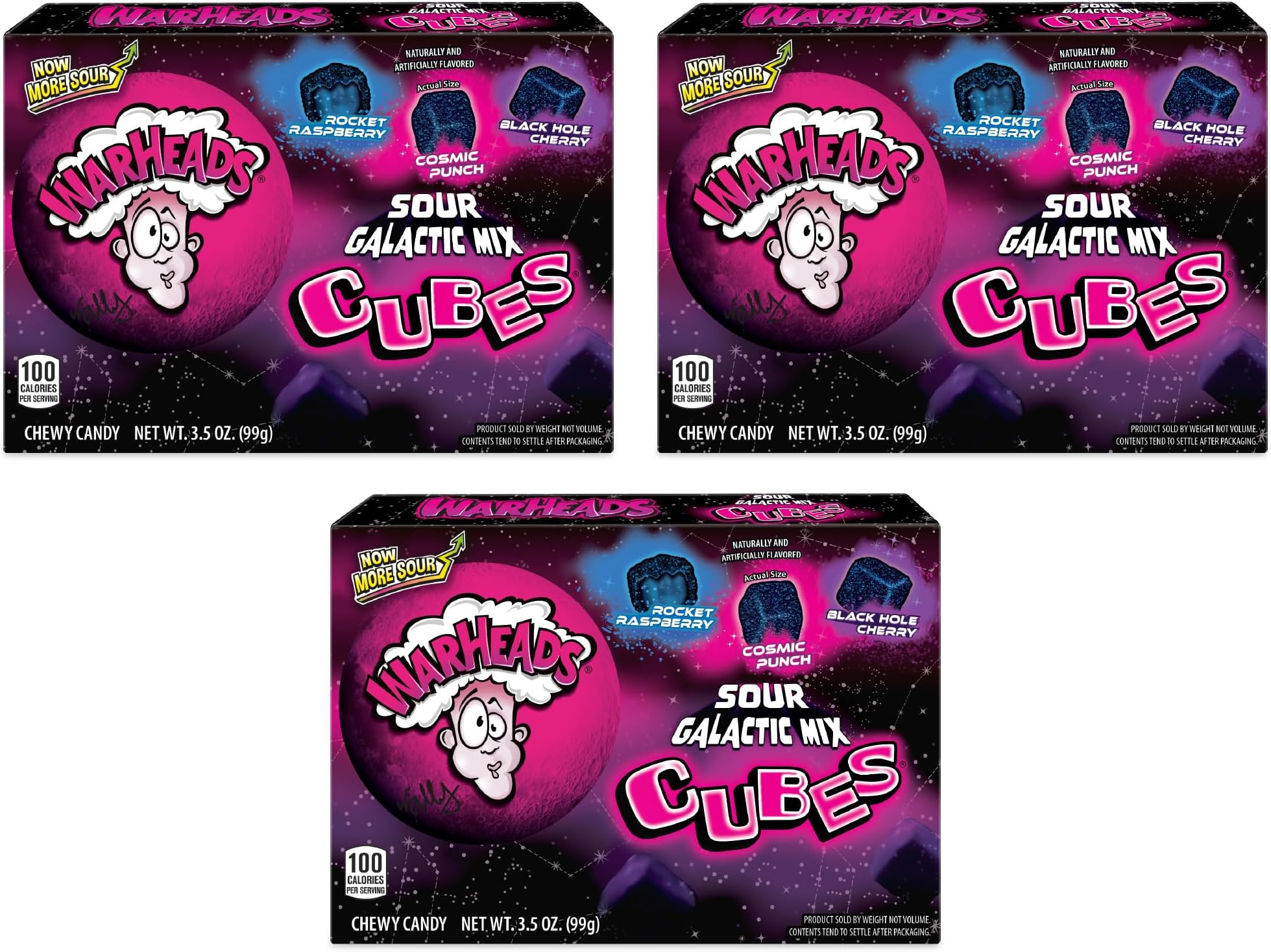 Galactic Mix Cubes - Sour Sweet & Fruity Chewy Candy - Black Hole Cherry, Rocket Raspberry & Cosmic Punch Flavors - 3.5 oz. Theater Boxes - 3 Pack