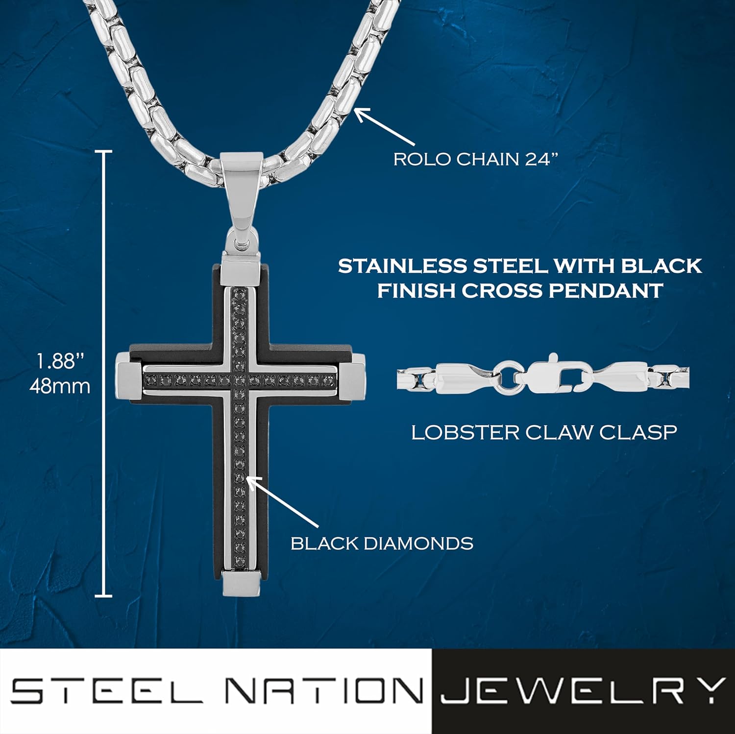 Men's Black Diamond Stainless Steel Necklace Crucifix Pendant Men 24" Rolo Chain With Pendant - Image 3