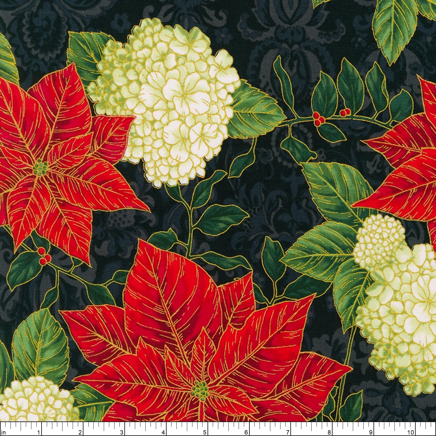 Robert Kaufman Holiday Flourish Snow Flower Poinsettia, Fabric by The Yard (Black W/Metallic Gold)