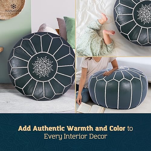 Miniatura 9 de Marrakesh Gallery - Funda de puf marroquí, otomana redonda y grande de piel, decoración bohemia para sala de estar, reposapies, sin relleno