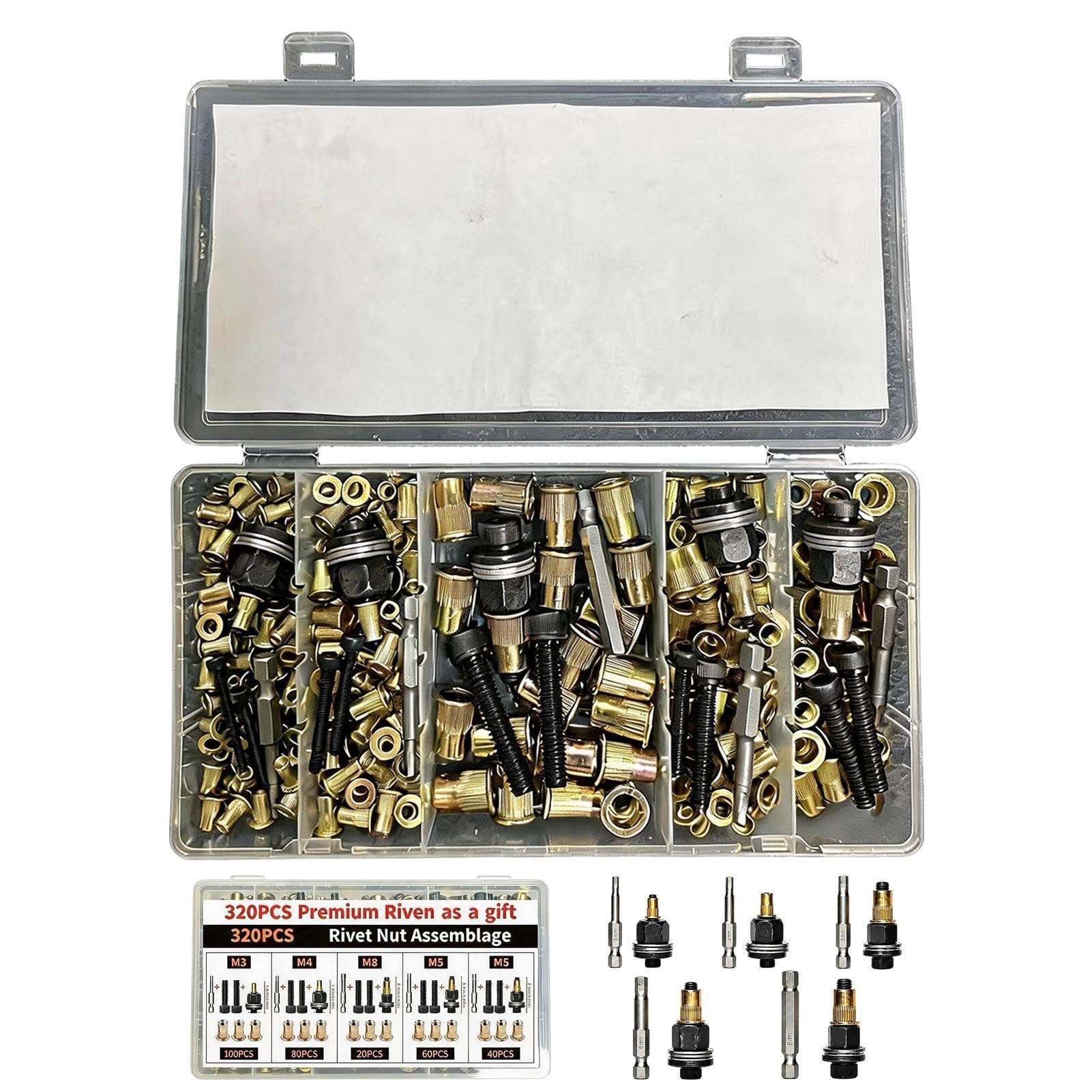 Nietmuttern-Set 320-teilige Werkzeuge aus Kohlenstoffstahl mit M3-M8