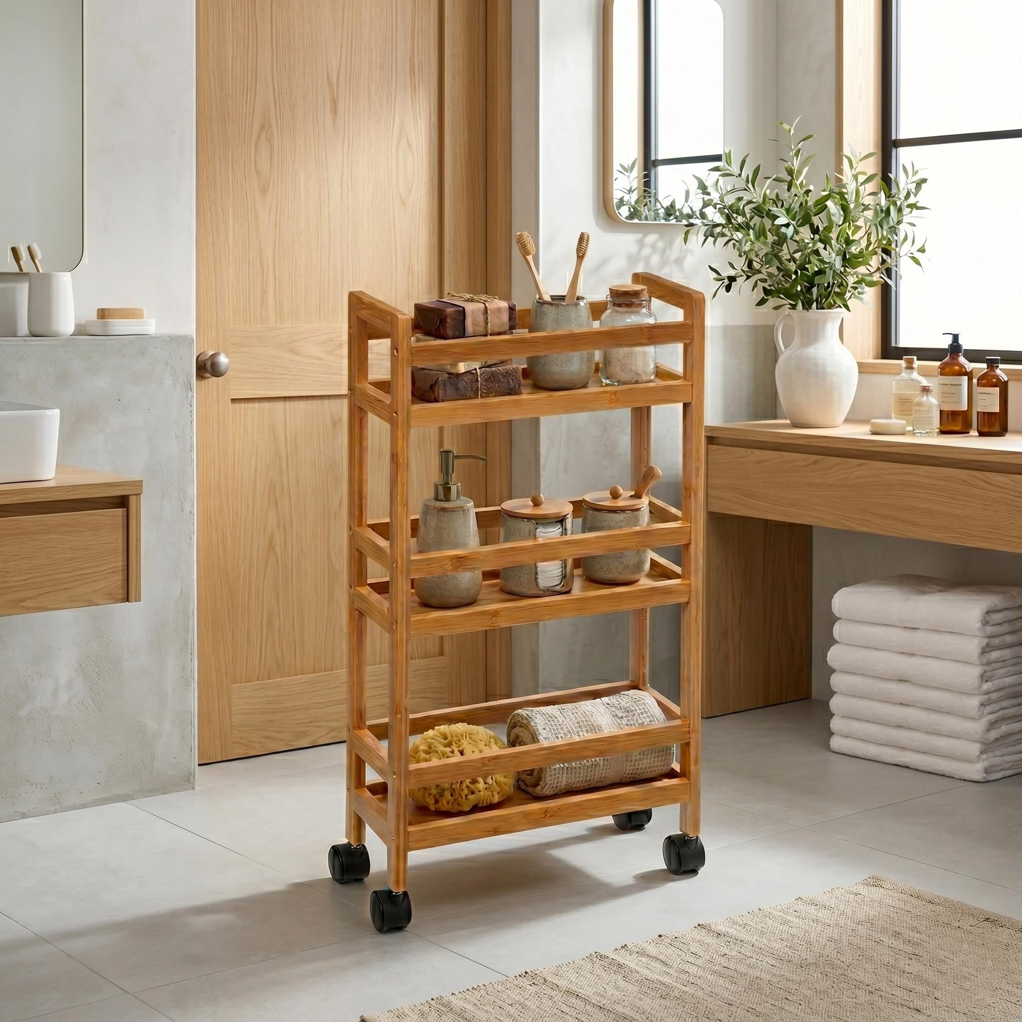 Well Home - Carrello ausiliario in bambù con ruote, 36 x 15 x 74,5 cm, 3 livelli, ideale per cucina, bagno e ufficio, salvaspazio