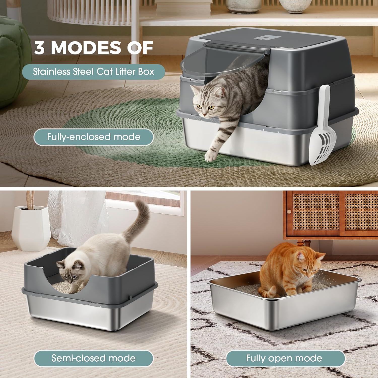 Stainless Steel Litter Box with Lid,Side Entry Litter Box,Covered Enclosed Cat Litter Box,Metal Litter Boxs,Odorless Non-Stick with High Sided Enclosure&Scoop for Kitty to Medium Cats(Grey)