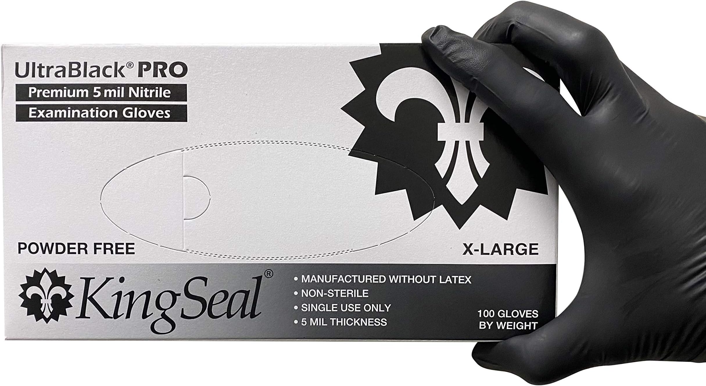 KingSeal UltraBlack-PRO Nitrile Exam Gloves, 5 MIL, Black, Professional Grade - 10 Boxes of 100 (1000 Count)