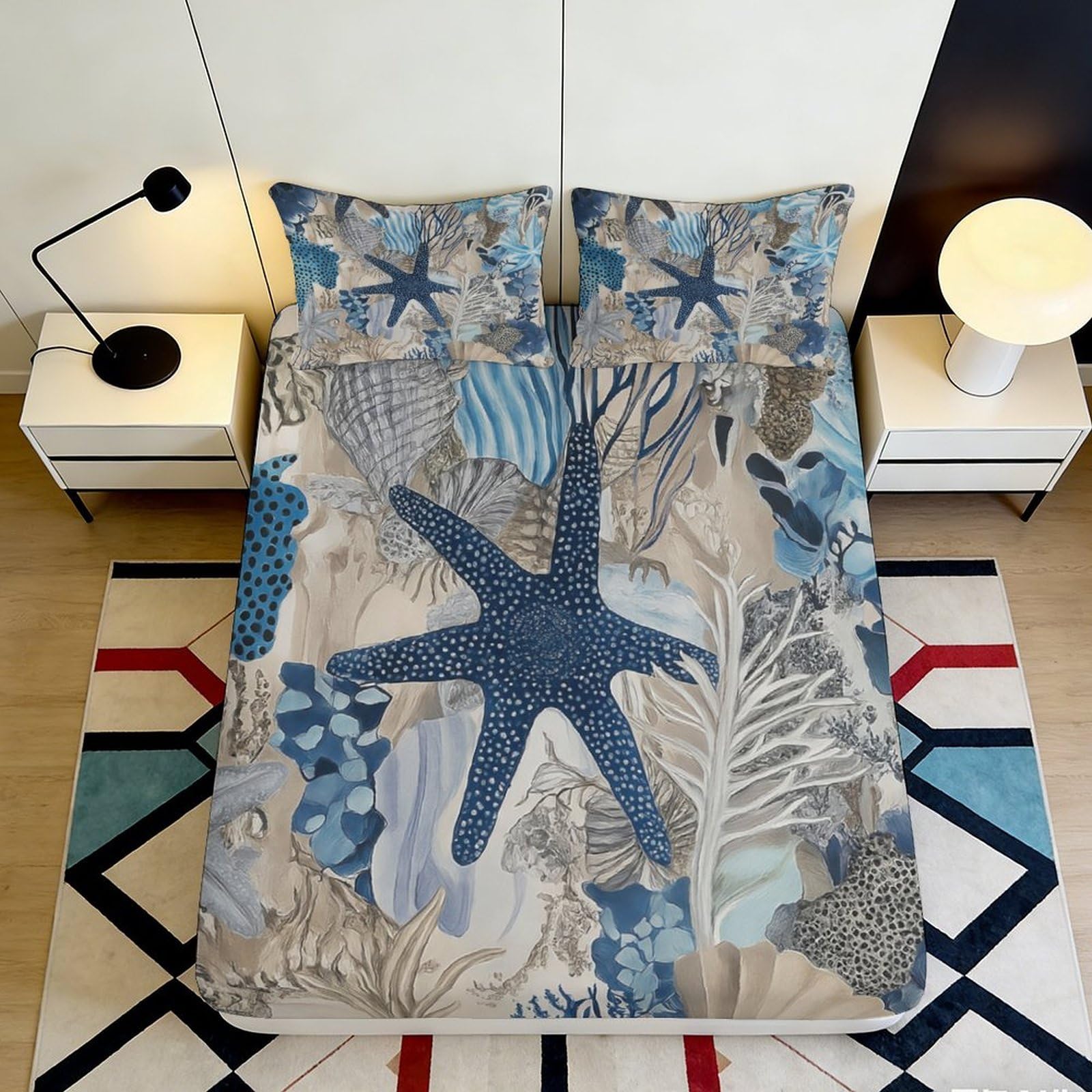 3D Printed Starfish Ocean Fitted Sheet Microfiber Soft Blue Coral Bed Cover for Bedroom Guest Room Decor 90x200x25cm