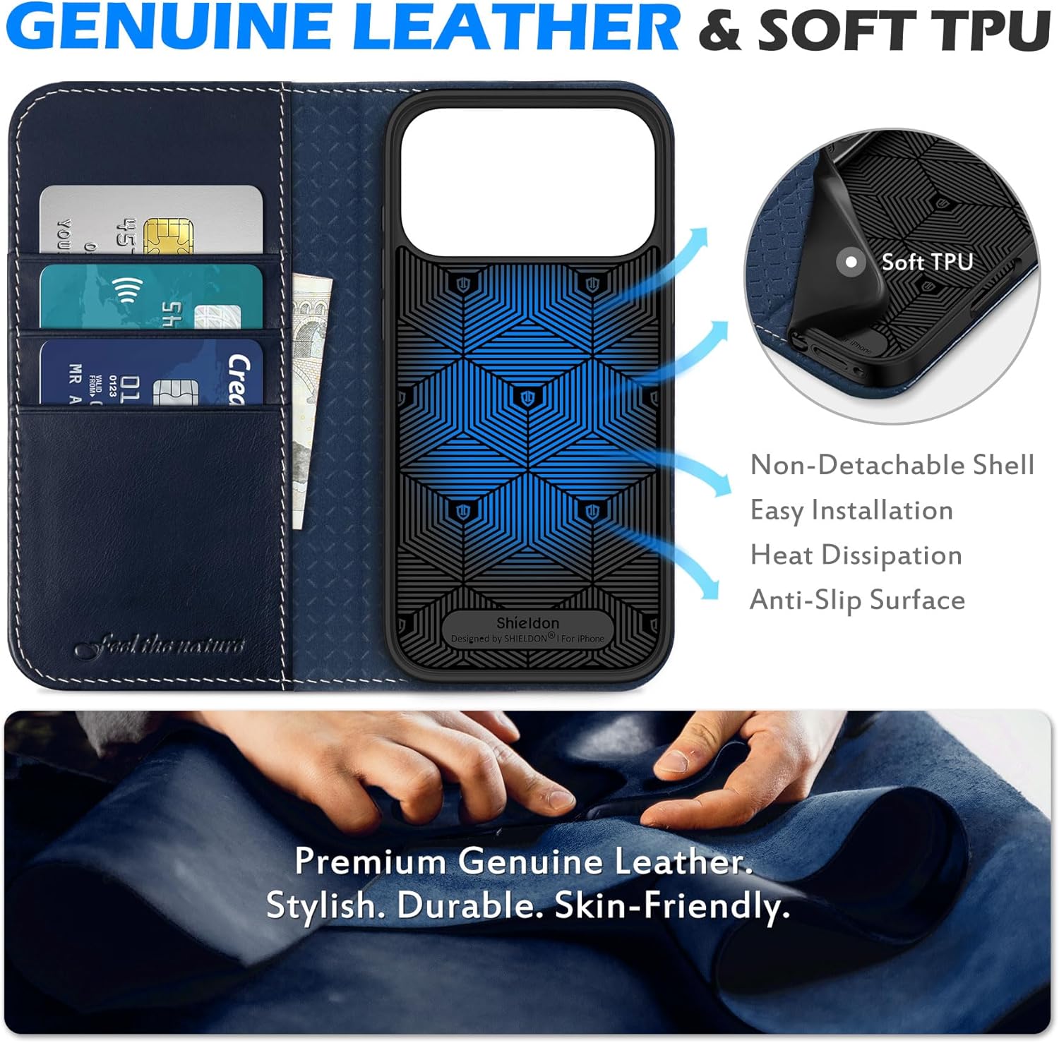 SHIELDON Wallet Case for iPhone 17 Pro Max 6.9-inch 2025 | Genuine Leather, Folio, RFID Blocking Credit Card Holder, Kickstand, Magnetic, Shockproof Protective Cover - Retro Dark Blue - Image 3