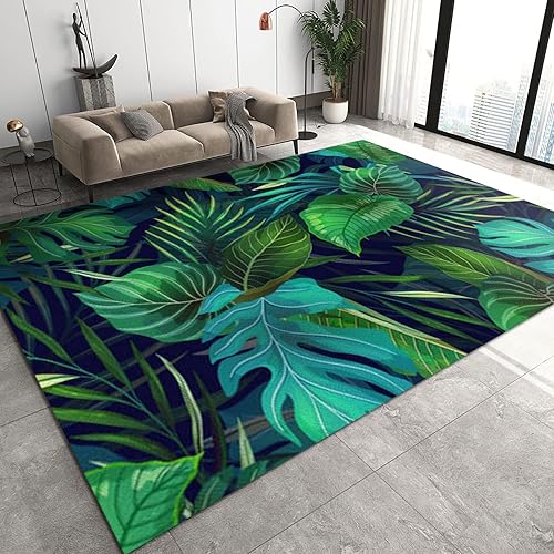 QINYUN Alfombra de área de arte moderno alfombra de pelo bajo con hojas tropicales verdes alfombra de área grande antideslizante duradera lavable a