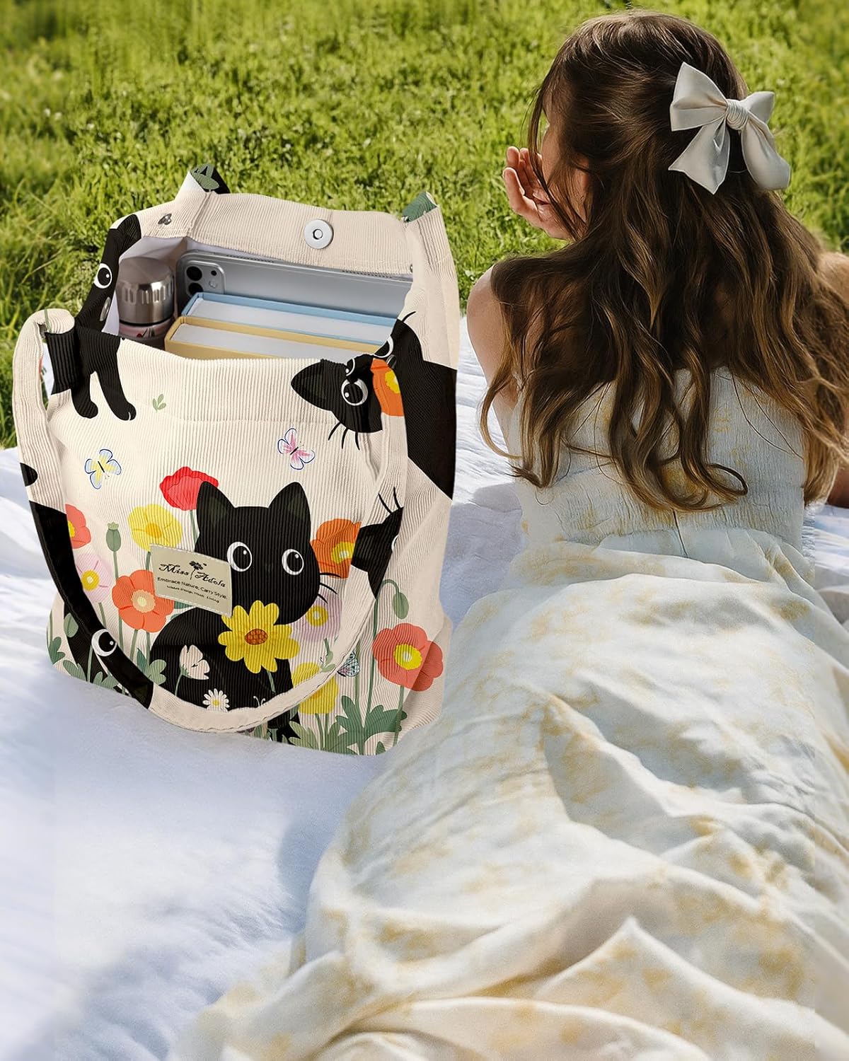 Corduroy Tote Bag for Women - Reusable Totes with Magnetic Buckle & Pocket Aesthetic Design Work Grocery Bags - Image 2