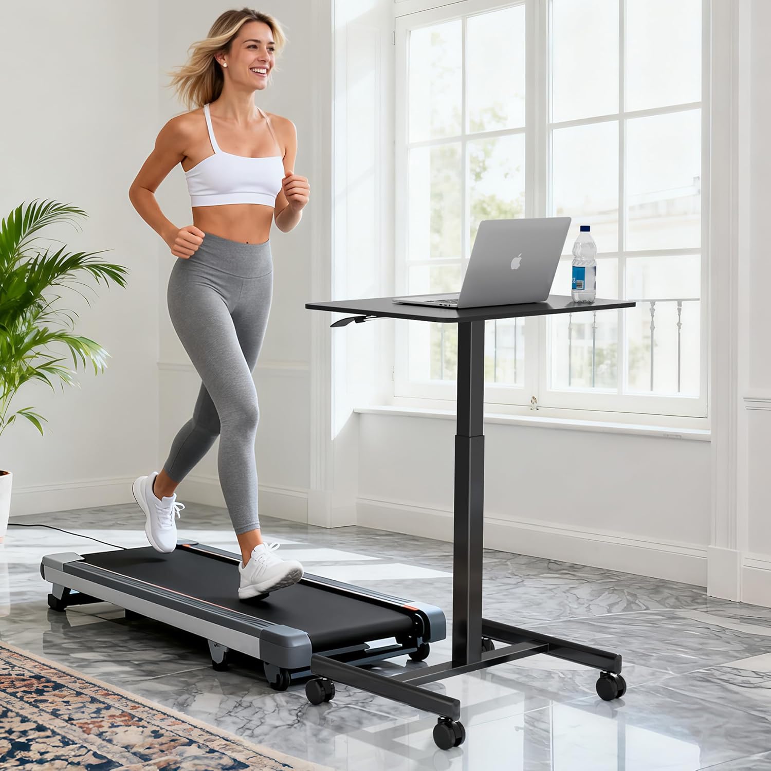 Simple Deluxe Standing Desk with Lockable Wheels, Mobile Adjustable Height Stand Up Desk, Portable Laptop Computer Table, Small Black