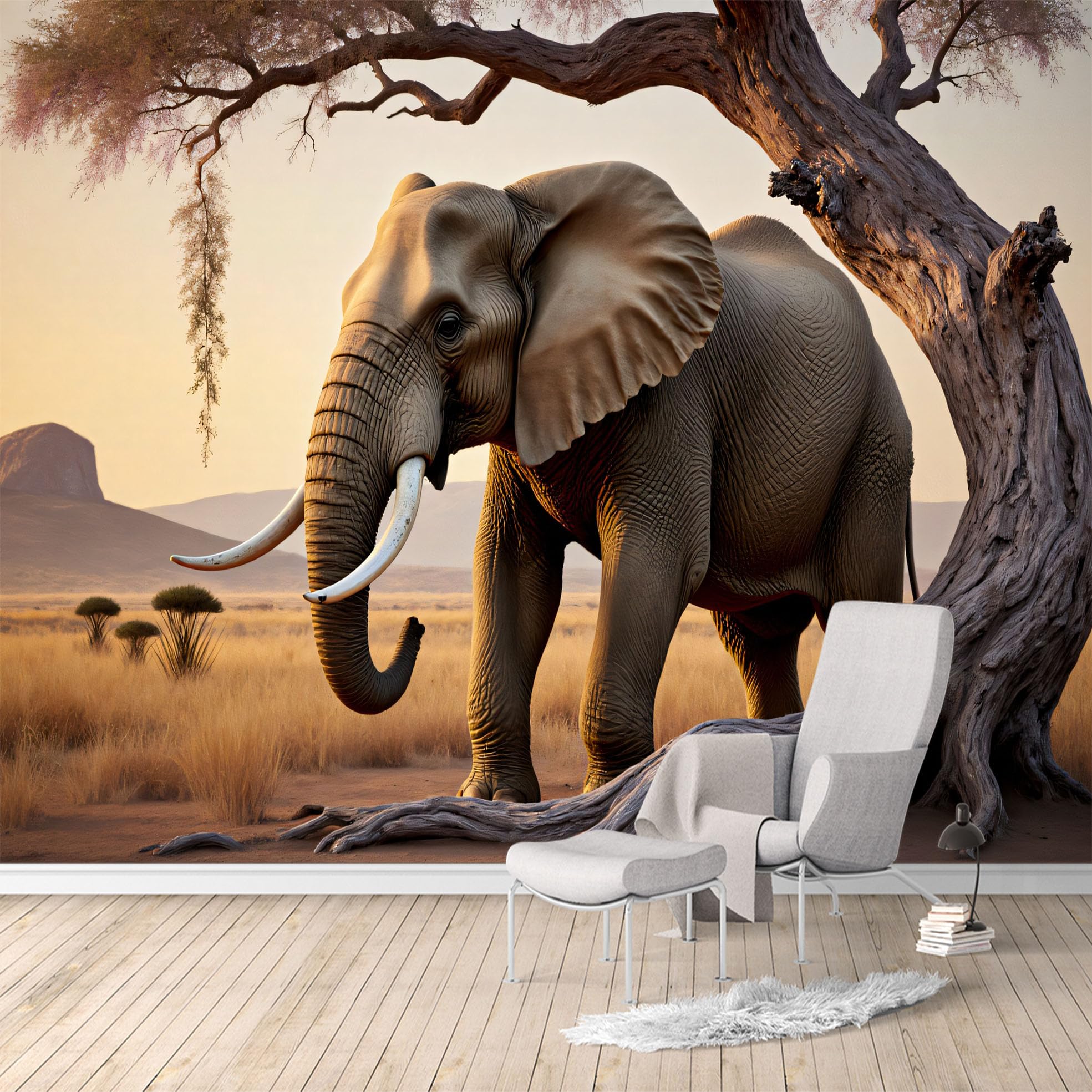 Custom Size Wall Murals,African Elephant Under Acacia Tree Savannah Sunset Landscape,SelfAdhesive Water Activated Removable Wall Covering,Large Photo Wallpaper for Living Room Bedroom Office