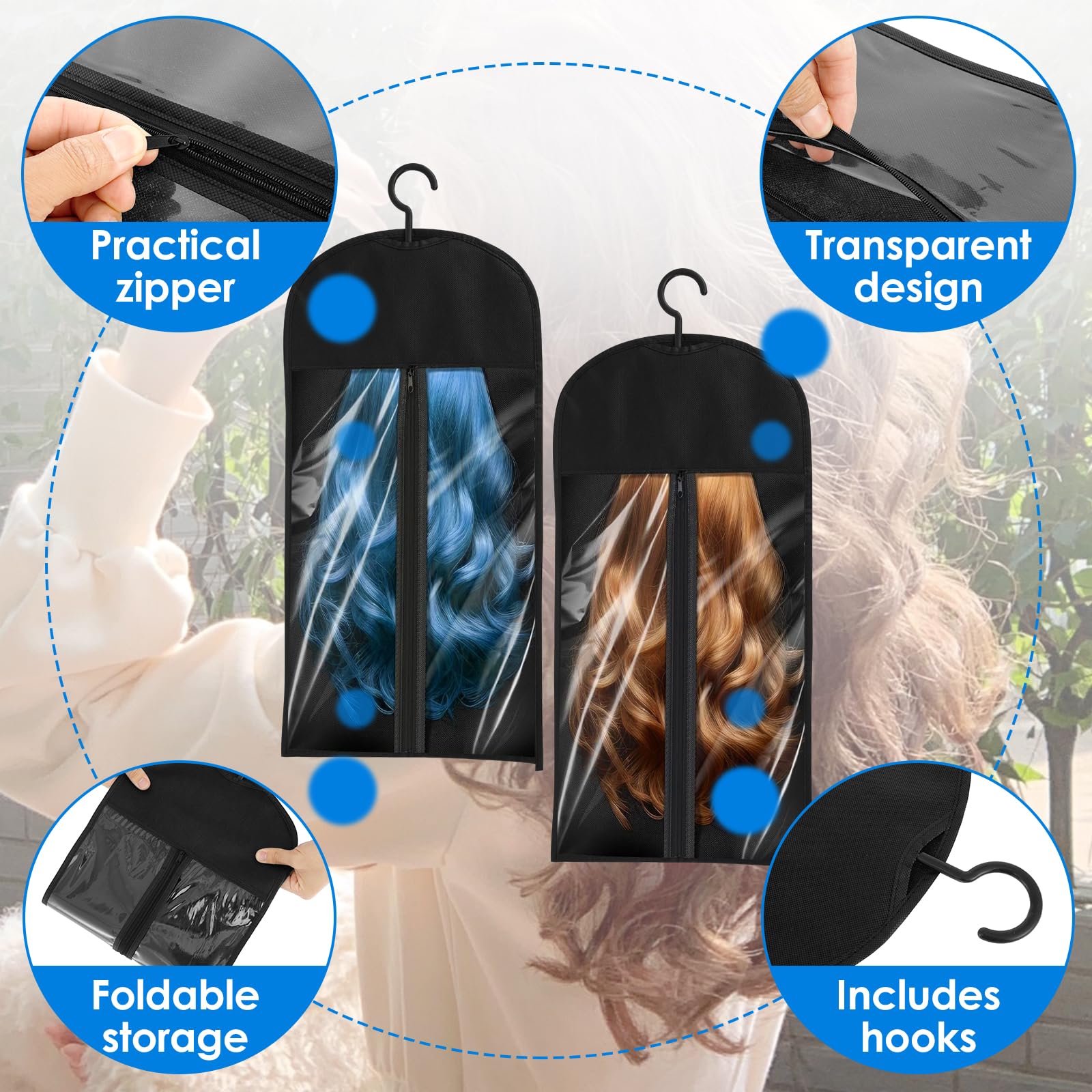 6 Pcs Hair Extensions Storage Bag Hairpieces Storage Holder Dust-Proof Wig Storage Bag with Clear PVC Window Nonwoven Hair Extension Storage for Store Style Hair (6pcs) - Image 2
