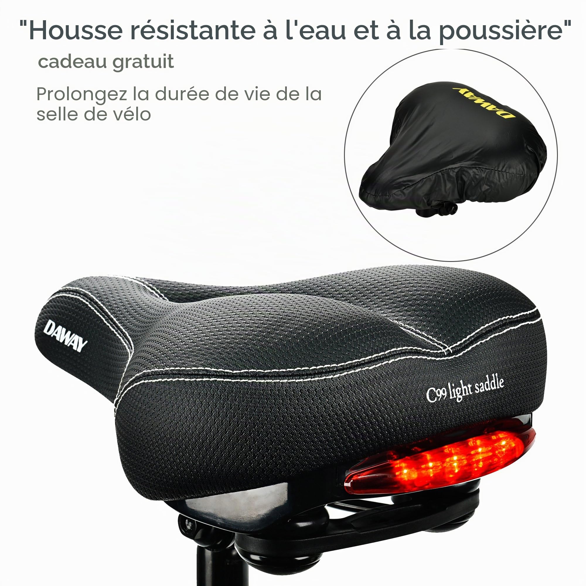 DAWAY Siège de vélo Confortable pour Hommes et Femmes - C99 Selle de vélo Large rembourrée en Mousse à mémoire de Forme, imperméable, à Double Ressort, Doux, Respirant, adapté à la Plupart des vélos