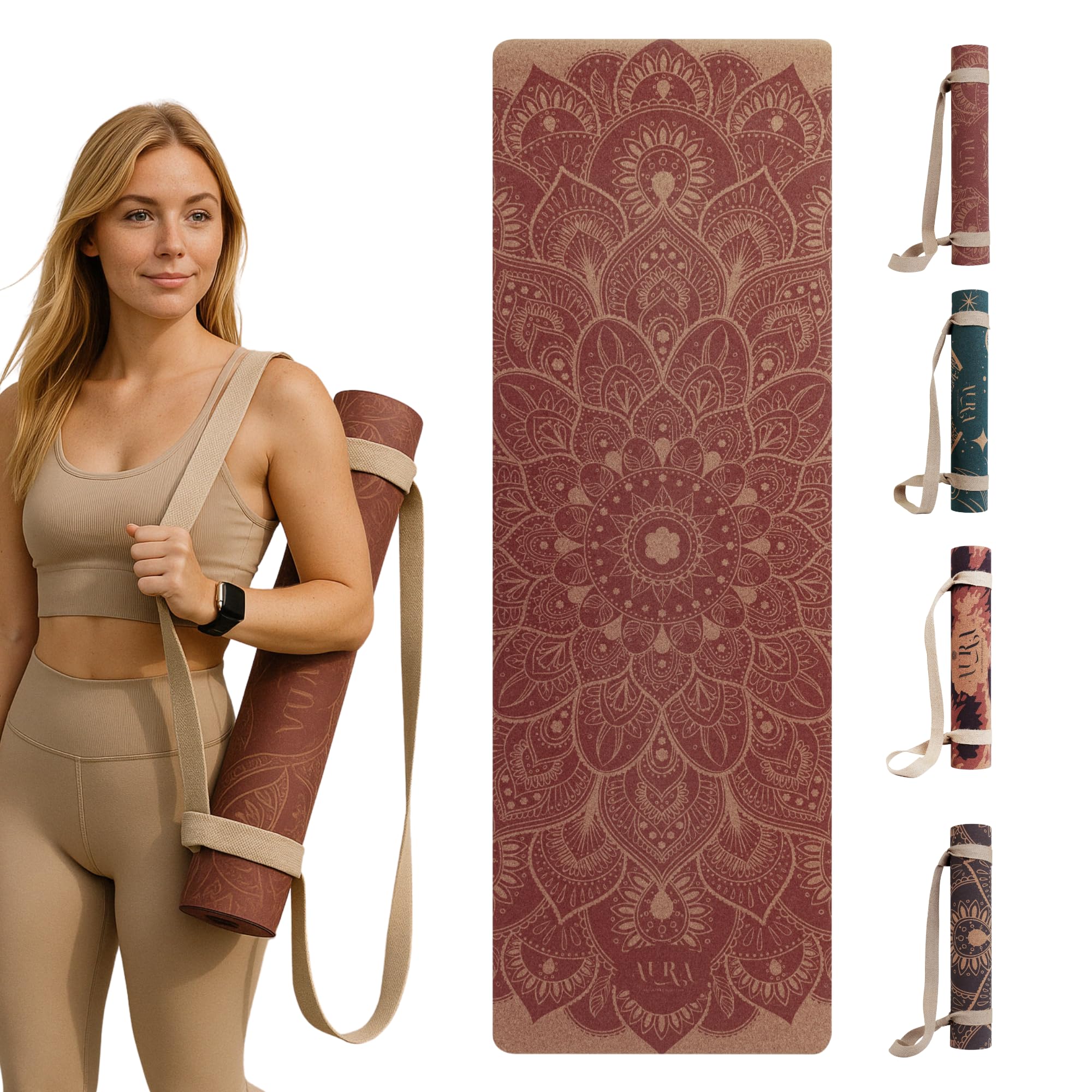 AURA Wellness - Yoga Mat Cork Eco Friendly, Strap Included, 4mm Thick, Non Slip Exercise Pilates Gym Fitness Mats Natural Sport Workout Equipment for Home Hot Yoga Meditation Training Foldable Serenity