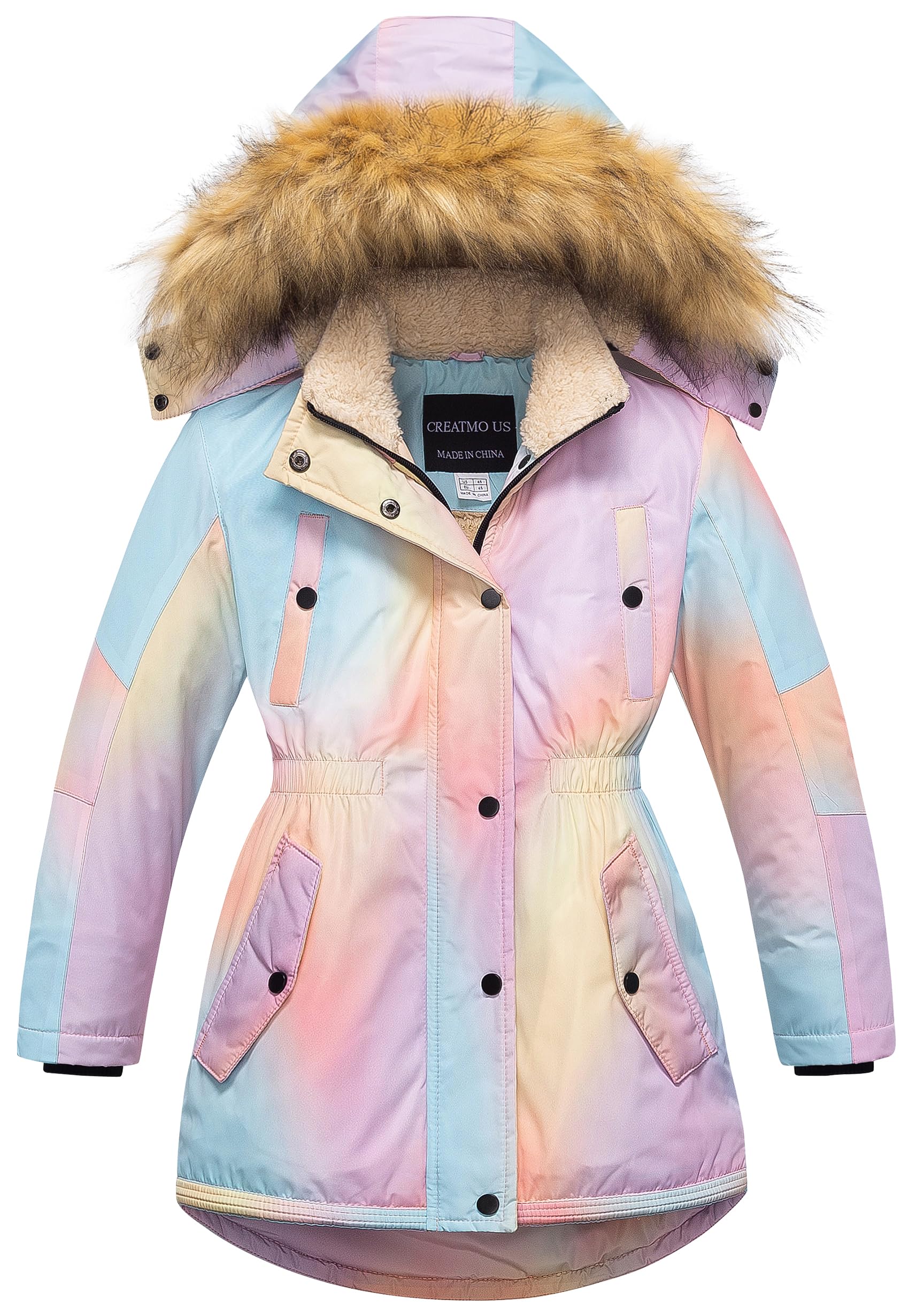 CREATMO US Girl's Long Winter Warm Parka Sherpa Trimmed Collar Puffer Ski Jacket Coat