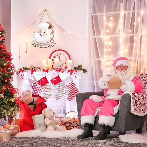 Miniatura 6 de Soaoo Letrero de puerta rosa con texto en inglés Merry Christmas para colgar en Navidad, letrero de Papá Noel, decoración de puerta de Navidad de