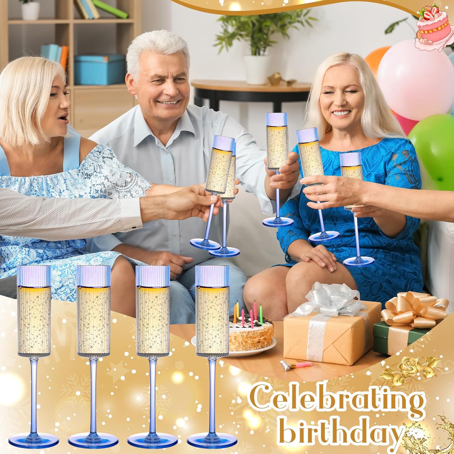 24 Pcs Blue Champagne Flutes 6 oz Ribbed Plastic Champagne Glasses with Long Stem Crystal Disposable Cocktail Cups for Party, Wedding, Birthday (Blue)