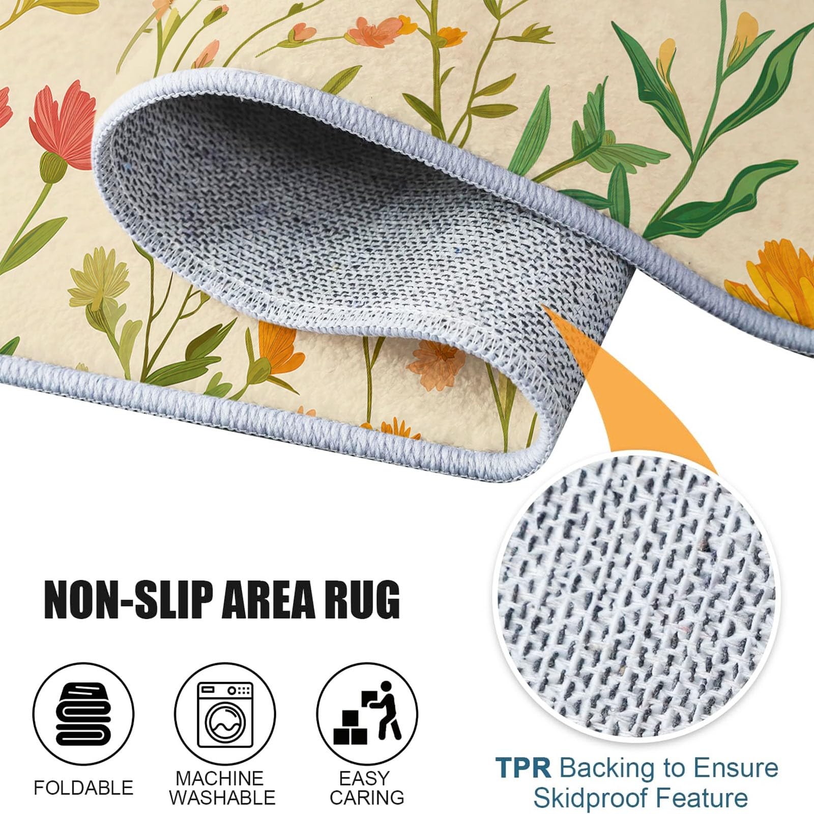 Générique Tapis Salon Lavable Beige, Tapis de Chambre à Poils Courts Rustique Fleuri Feuilles Vertes Nature, Antidérapant Doux Idéal pour Couloir Bureau Salle De Bain, 160 x 230 cm