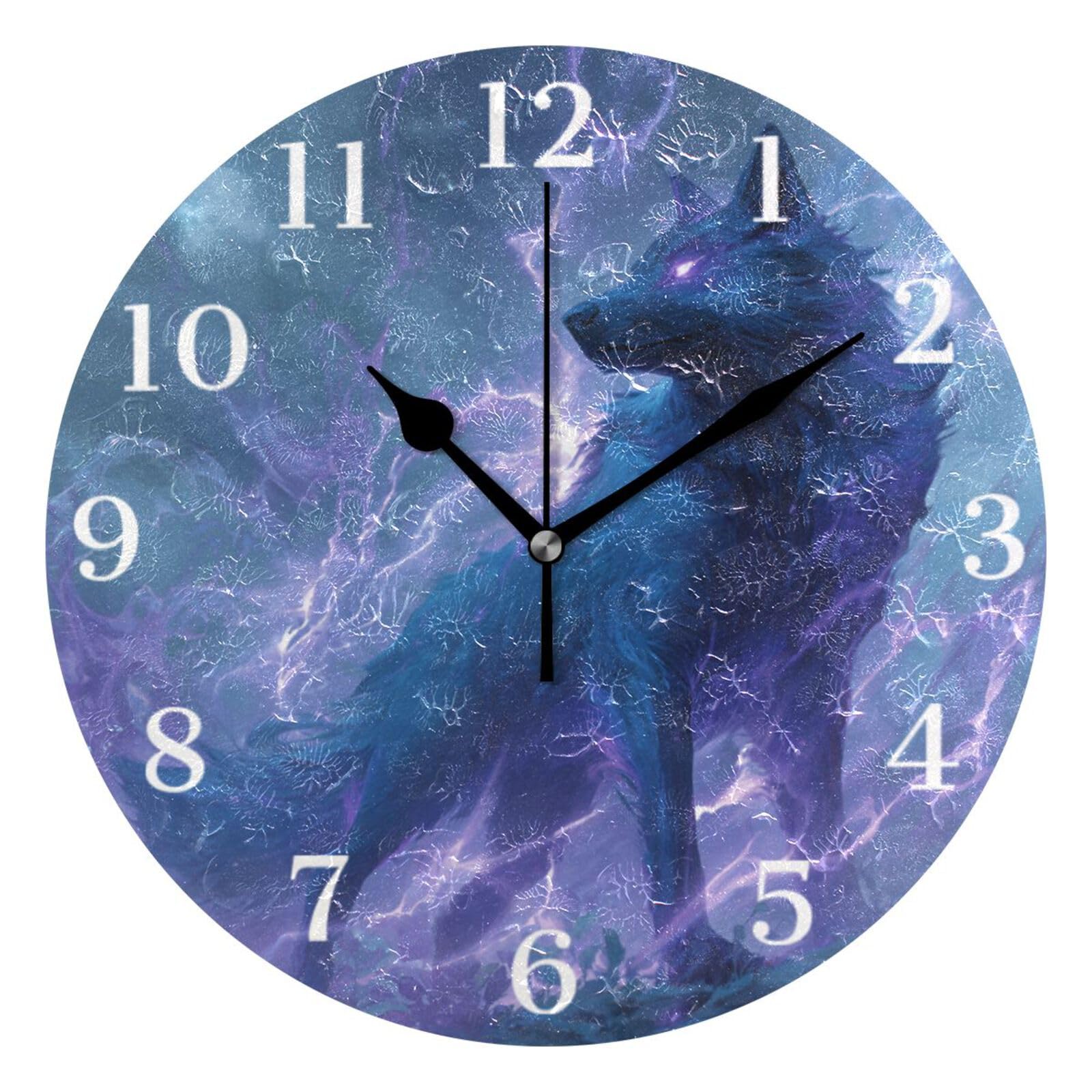 Ensound Blue Wolf with Purple Shining Wall Clock Silent Non-Ticking Battery Operated Clocks 12 Inch for Kitchen Home Living Room