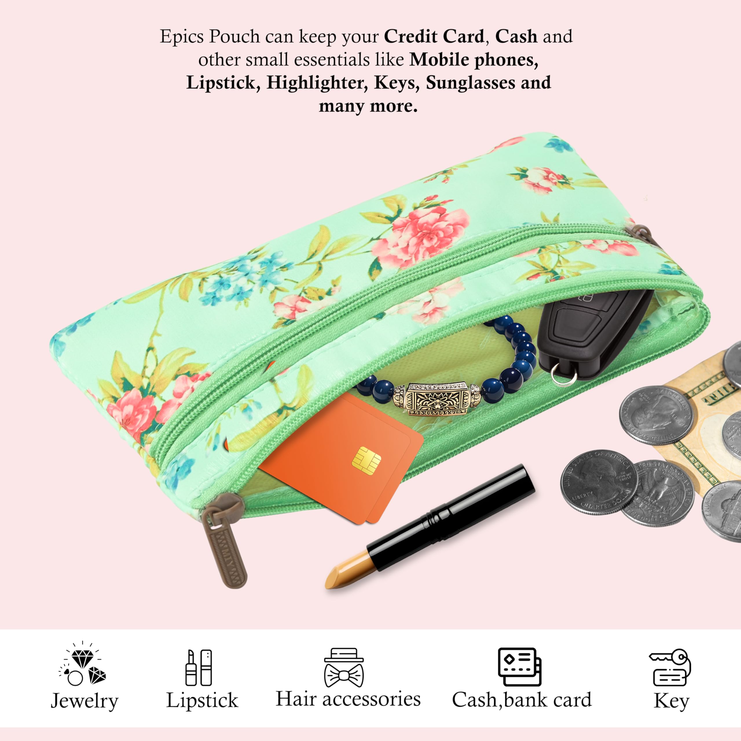 Kuber Industries 2 Pcs Silk Small Hand Purse for Women with Zip Closure | Cloth Cash Pouch for Women | Return Gift Purse for House Warming Function & Baby Shower Ceremony | Floral Print - Green 4