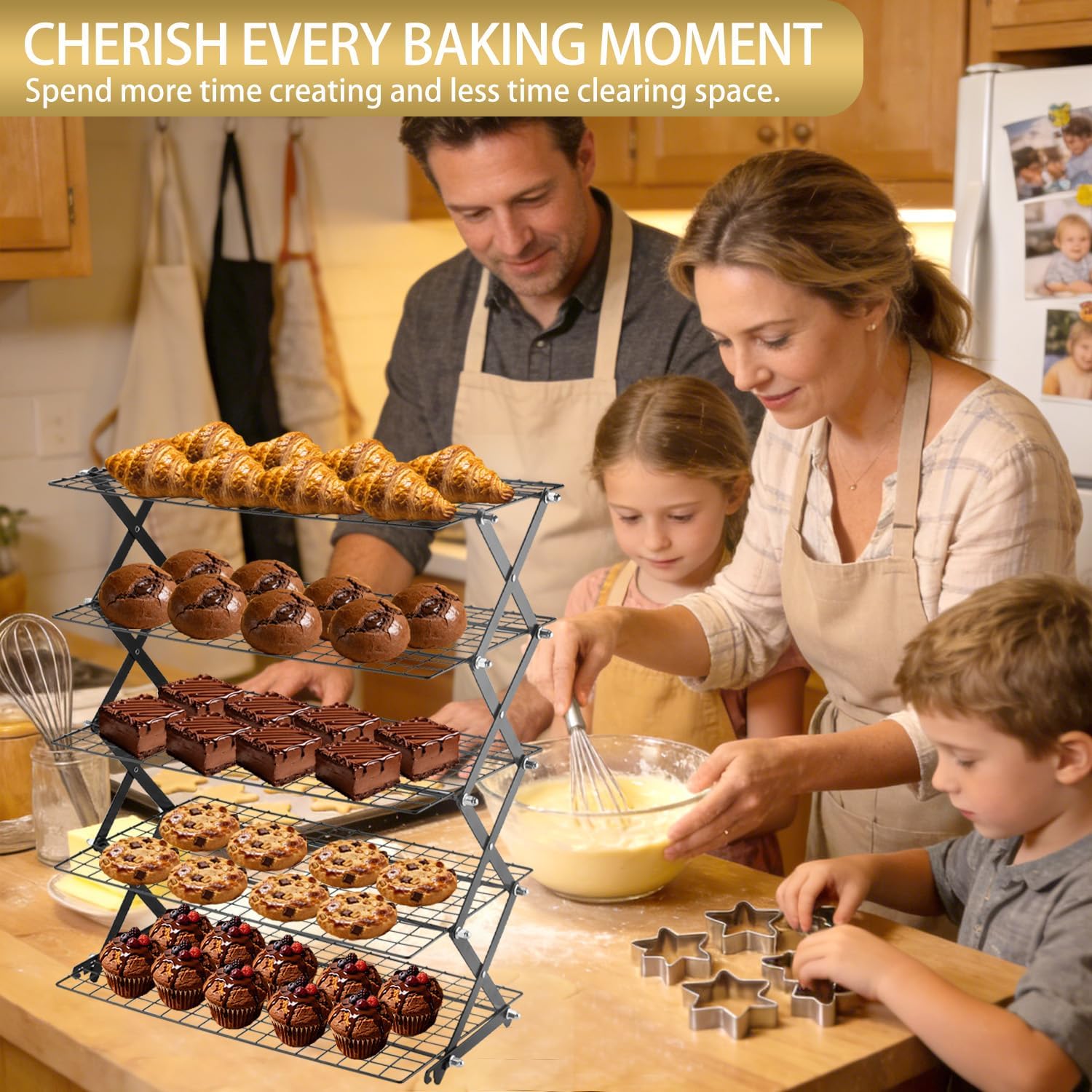 5-Tier Stackable Cooling Rack for Baking, Collapsible Wire Cookie Rack with Adjustable Heights, Non-Stick Roasting & Drying Rack for Cupcakes, Pies and Pastries, Space-Saving Kitchen Essential