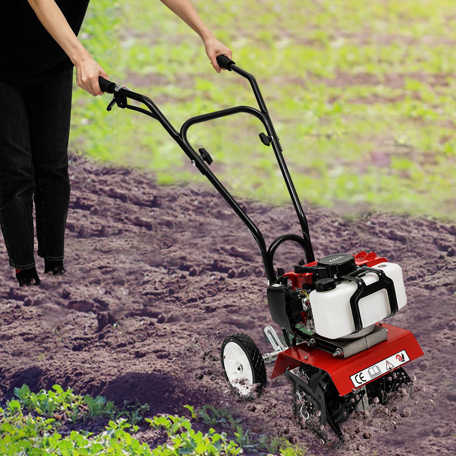 DHQCQL 52CC Garden Petrol Tiller, 2-Stroke Petrol Motor Hoe with Fuel Tank, 6500-7000r/min, 30cm Cutting Width and 3-12cm Cutting Depth, Rotavator Petrol for Garden, Farm, Soil Loosening & Weeding