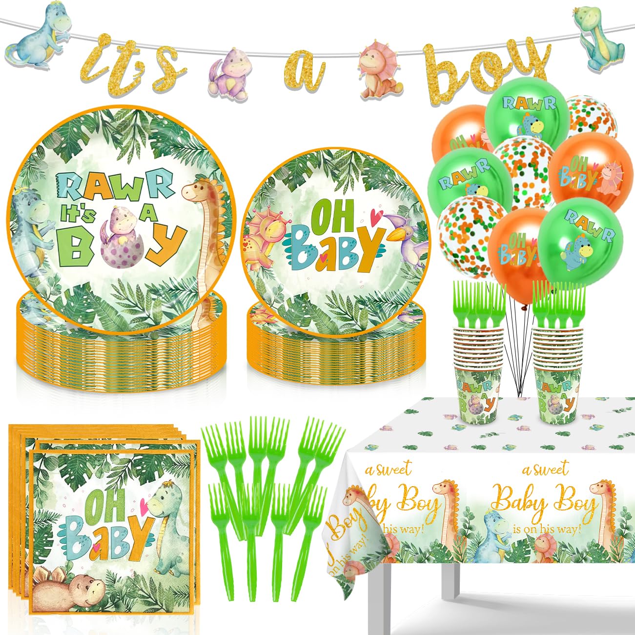 Dinosaur Baby Shower Decorations for Boy, Dinosaur Theme Hatching Soon Baby Boy Shower Decorations Dino Party Supplies OH Baby Plates, Rawr It's a Boy Napkins, Cups, Balloons, Tablecloth | Serve 20