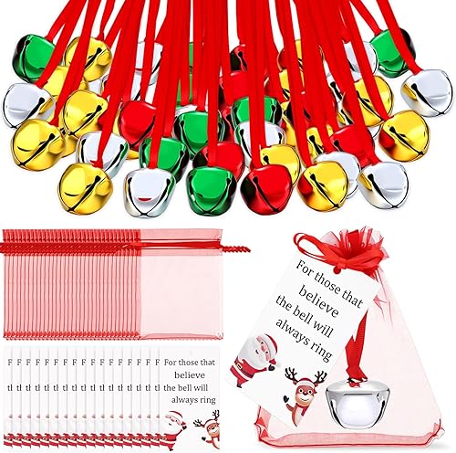 Miniatura 9 de 200 piezas de adornos navideños de campana Believe Bell de 1.5 pulgadas, adorno de campana de trineo de Papá Noel para árbol de Navidad con tarjeta