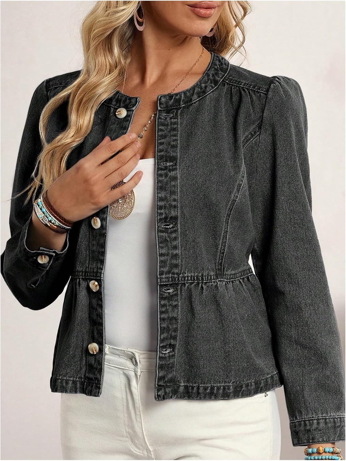 SweatyRocks Women's Button Down Short Denim Jacket Ruffle Crew Neck Peplum Jean Jacket Outwear - Image 2