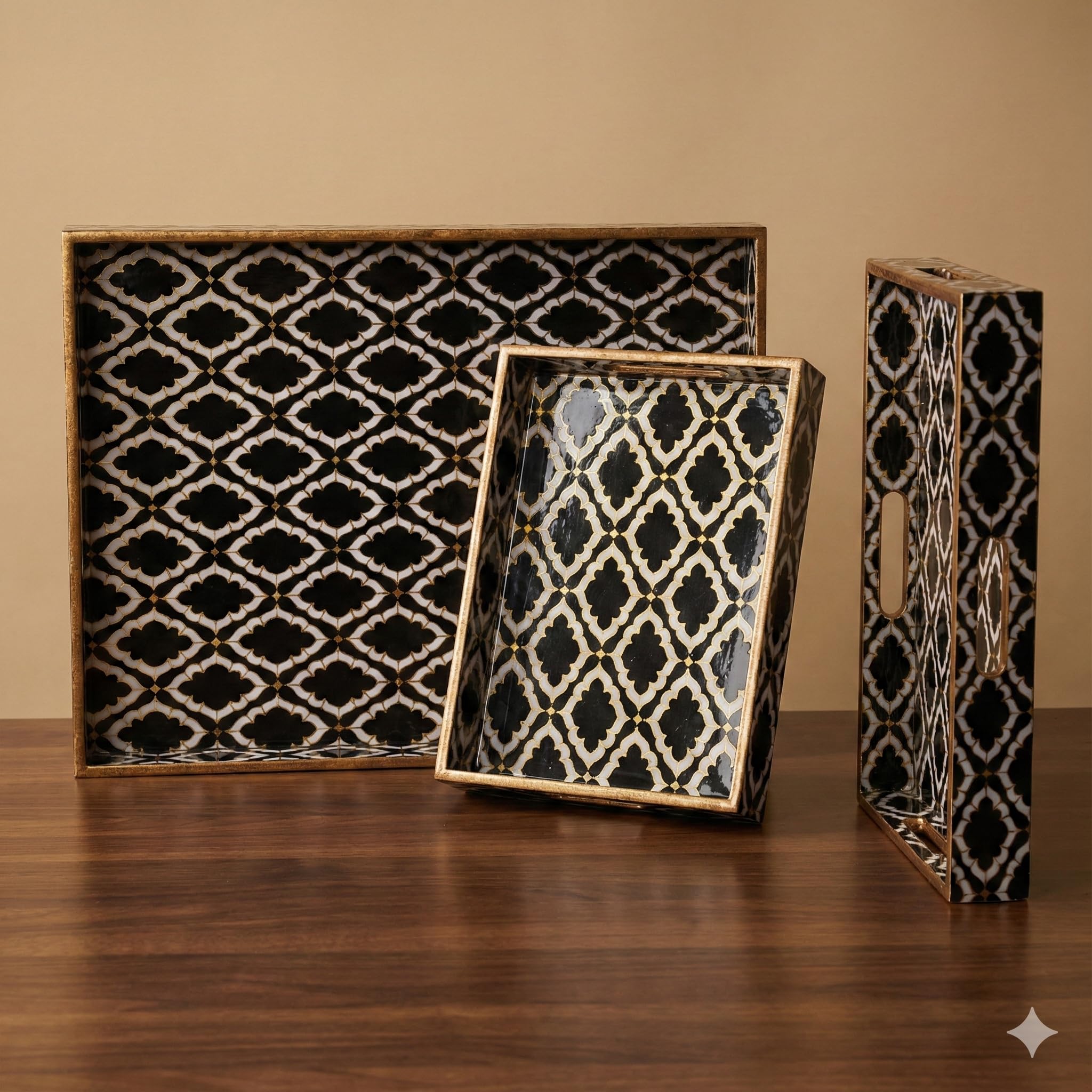 Set of 3 Rectangular Wooden Serving Trays|Wooden Tray for Decoration, Serving, Kitchen Organizer|Tray Set for Serving |Serving Tray Set with Handles(16", 14", 12")(Moroccan Maze)