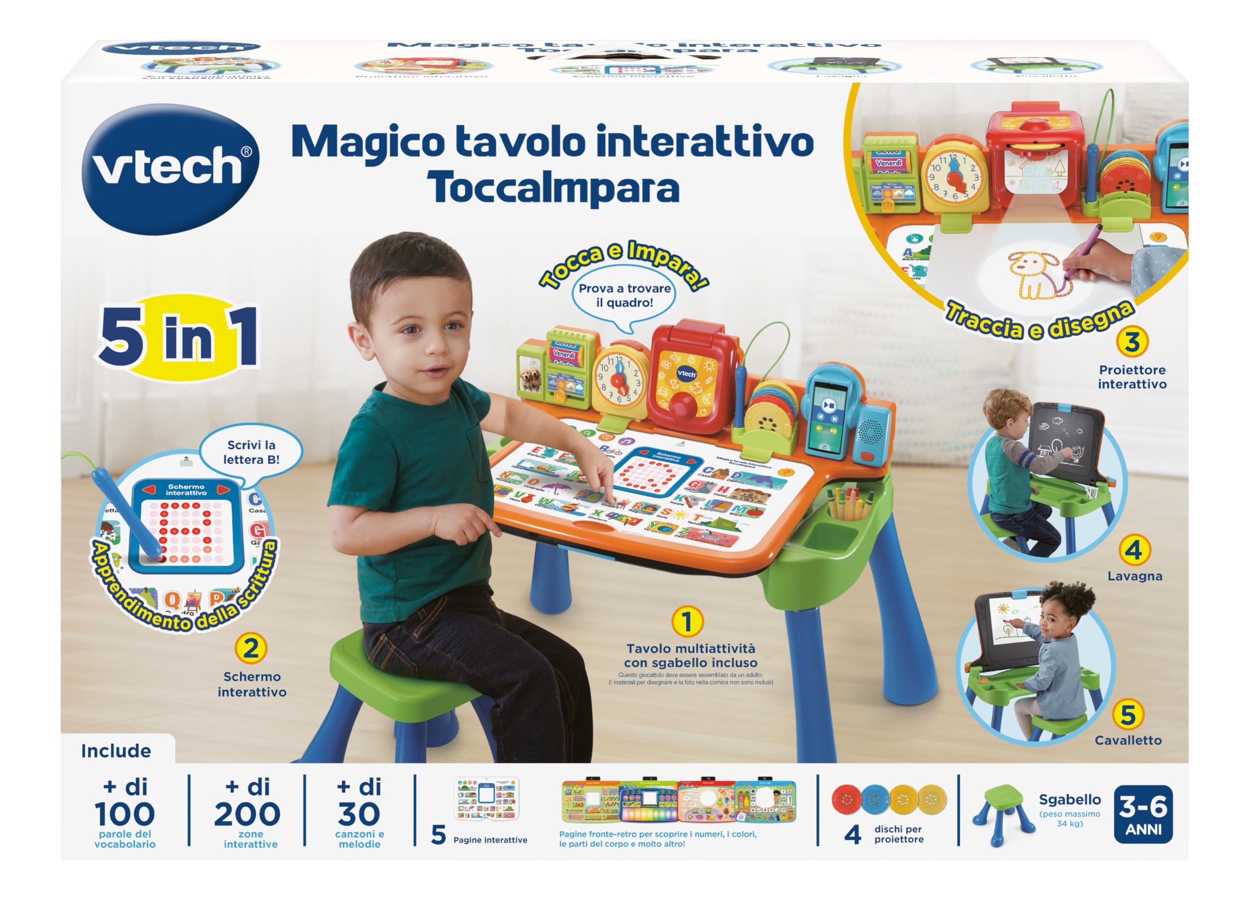VTech Magico Tavolo Interattivo ToccaImpara 5 in 1 Bambini 3-6 Anni | Funzione Proiettore, Impara a Scrivere e Disegnare, Cavalletto, Lingua Italiana