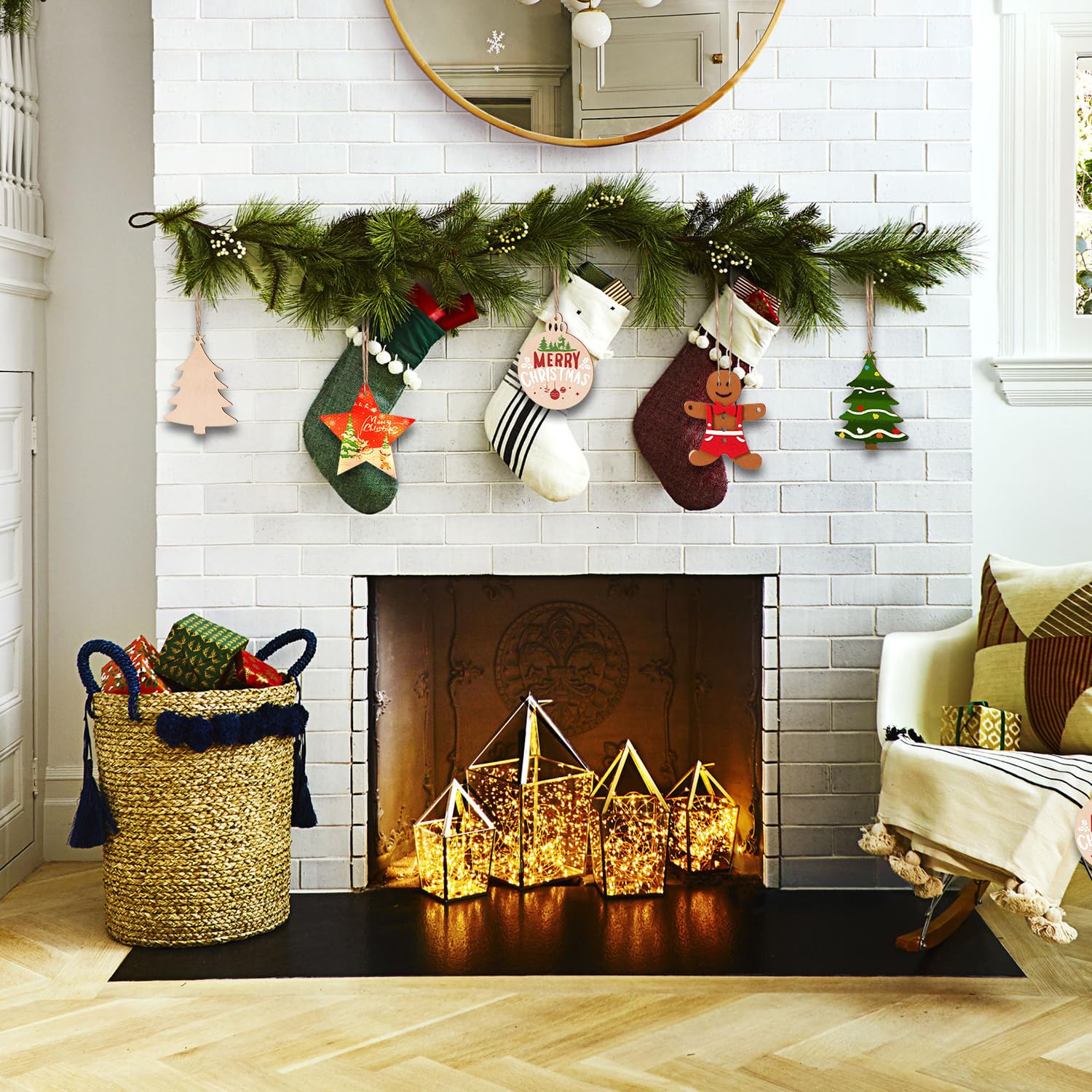 RNHDLY 40 Pcs Wooden Christmas Decorations - DIY Wooden Christmas Shapes with Holes and String for Tree Decoration - Image 4