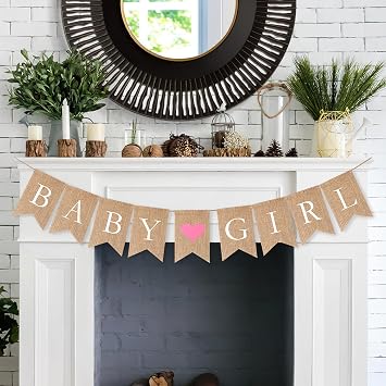 Baby Girl Banner Vintage Linen Baby Shower Decoration Girl with Pink Hearts Baby Shower Gender Reveal Party Decoration Garland Baby Shower Decoration for Home Reception Babies Birth Weclome Home Decoration