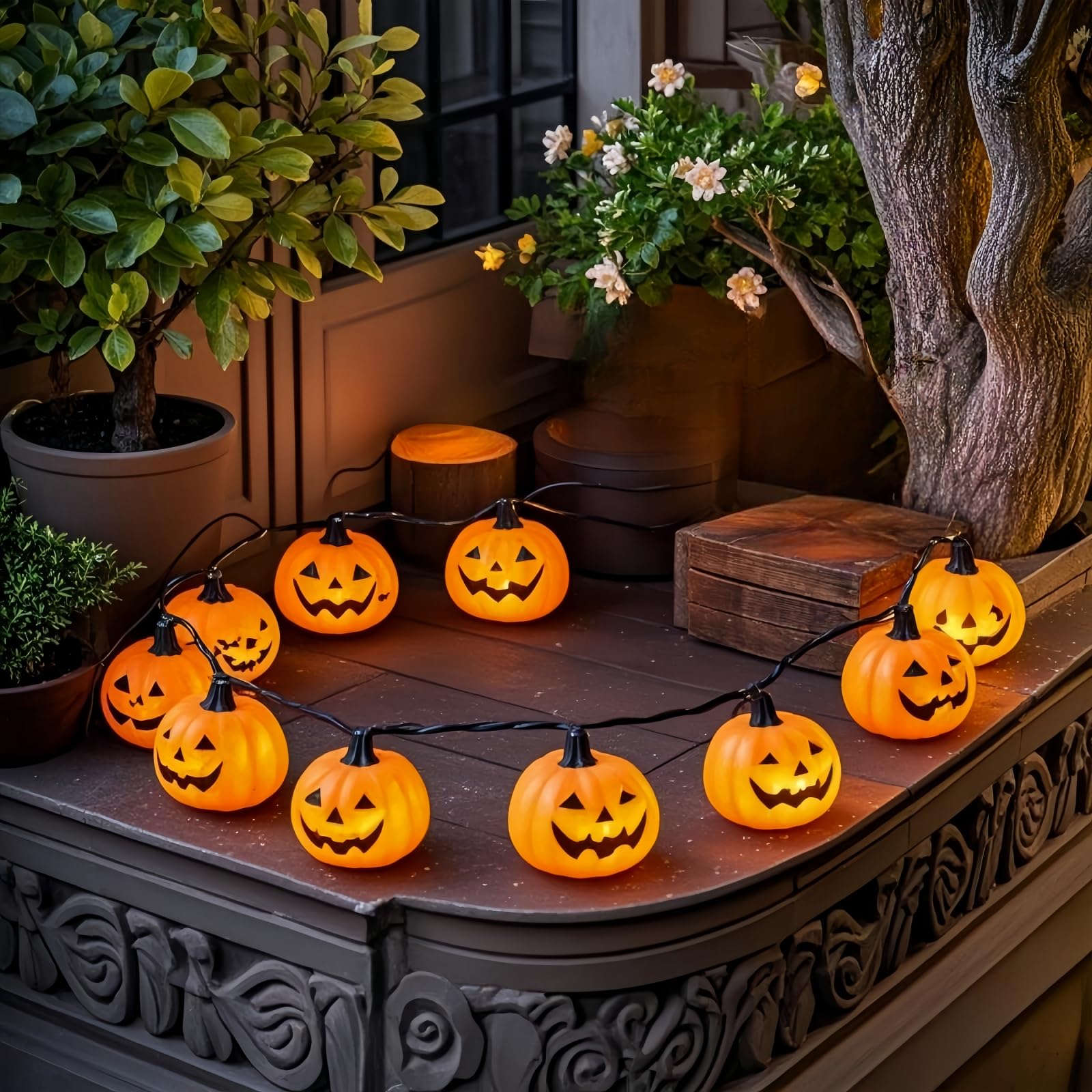 LUCKY SHINE Ghost Faced Pumpkin with 10 ED Lights, 9 FT Black Wire Decorative Lighting String, for Indoor and Outdoor Use.