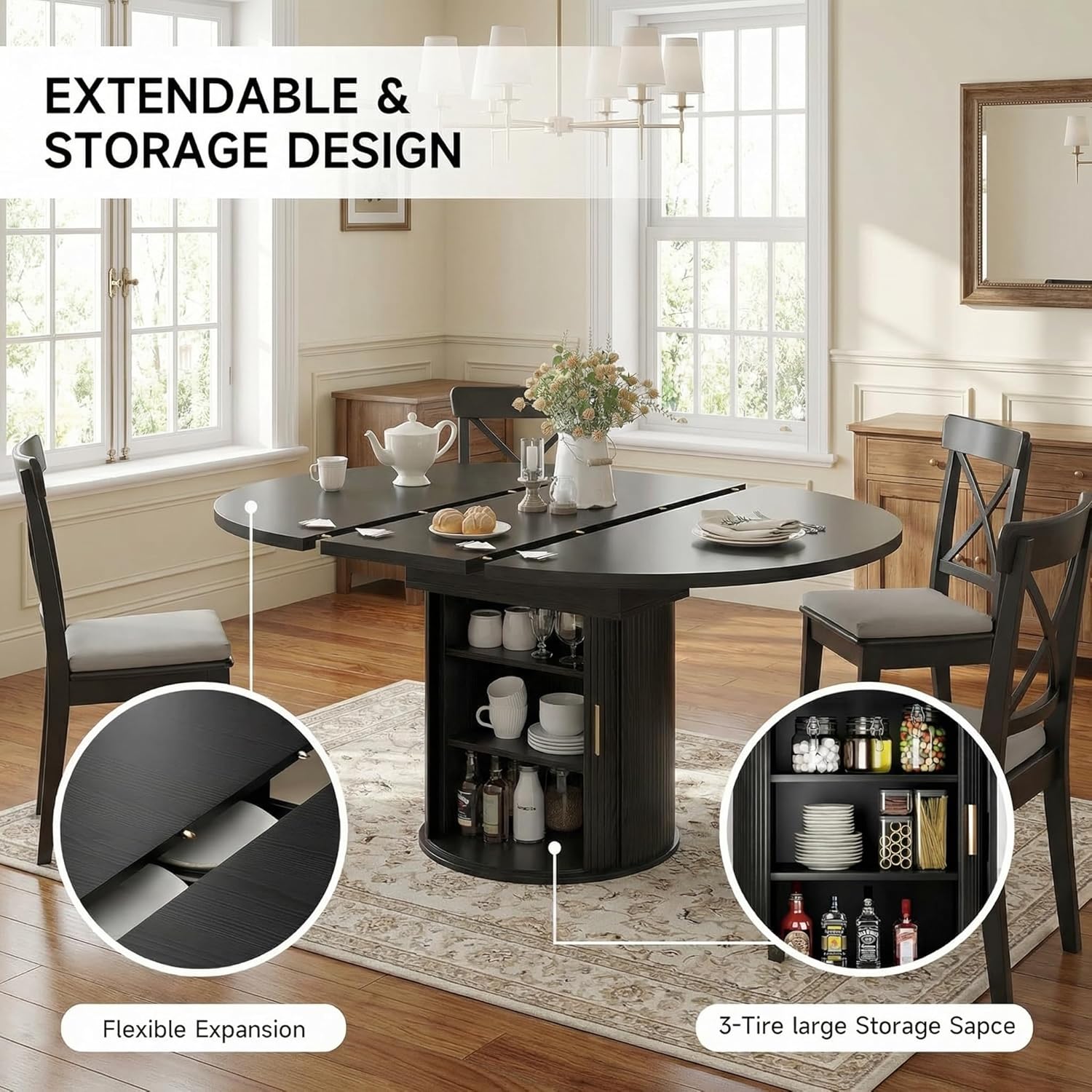 Extendable Round Dining Table: 47″–63″ Kitchen Table for 4 6 8 with Dust-Proof 2-Tier Storage Shelf Space Saving, Modern Farmhouse Expandable Wood Oval Circle Dinner Furniture with Pedestal Base