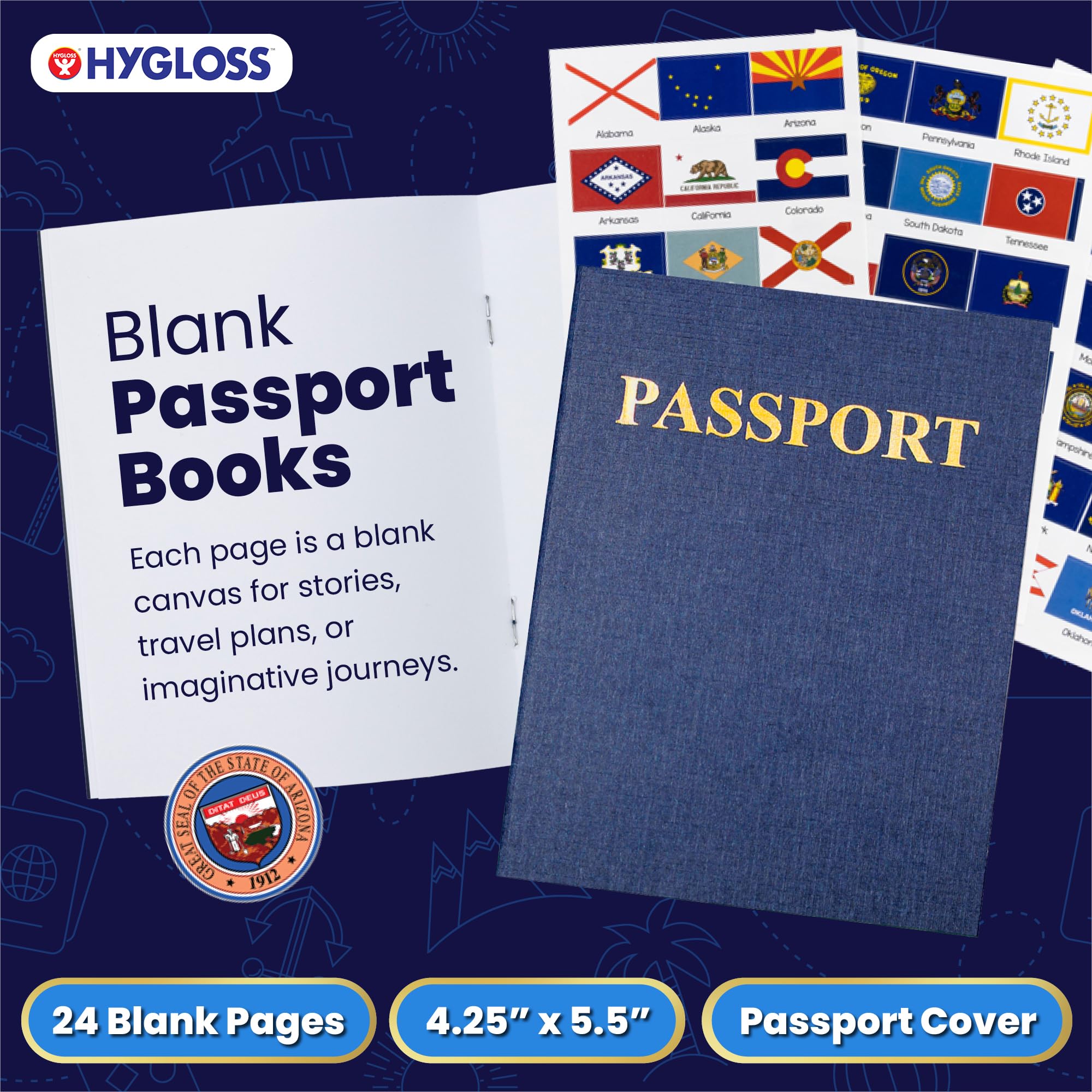 Hygloss Products 20 Blanko-Reisepassbücher mit 108 US-Staatsflaggen und Siegelaufklebern, für Kinder und Lehrer, inklusive allen 50 Flaggen und Siegeln der Vereinigten Staaten