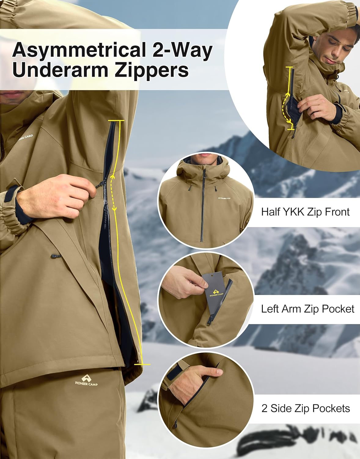 Pioneer Camp Ski Jacket Men Baggy Waterproof Insulated Half Zip Snowboard Snow Coat Shell Jackets Winter Warm Outdoor - Image 5