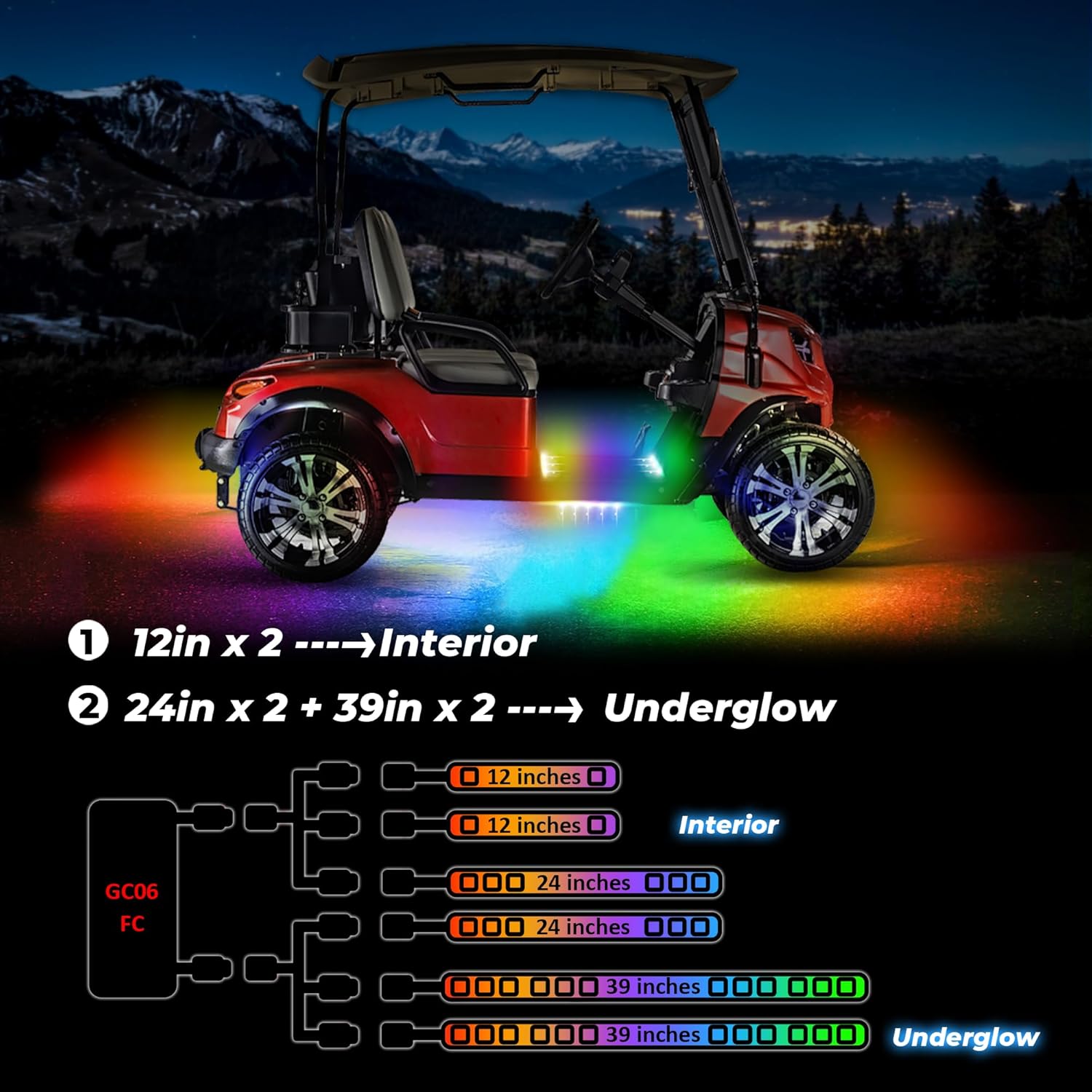 6pcs Golf Cart Led Lights with 12V-72V Voltage Reducer, RGB Led Underglow Light Kit with 2 Remotes and DITRIO App Control,Waterproof,Sound Active, Music Mode Battery Drain Protect Kill Switch